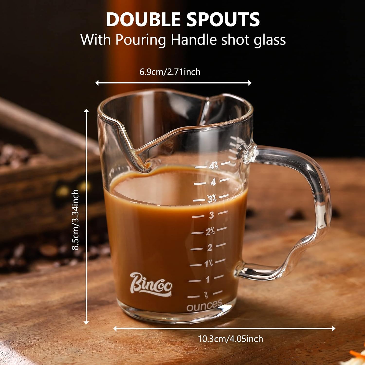 BINCOO Tazas de café expreso de 5.1 fl oz con mango y doble escala, 4.05 onzas, vaso de medición de vidrio de doble boquilla, taza de leche para