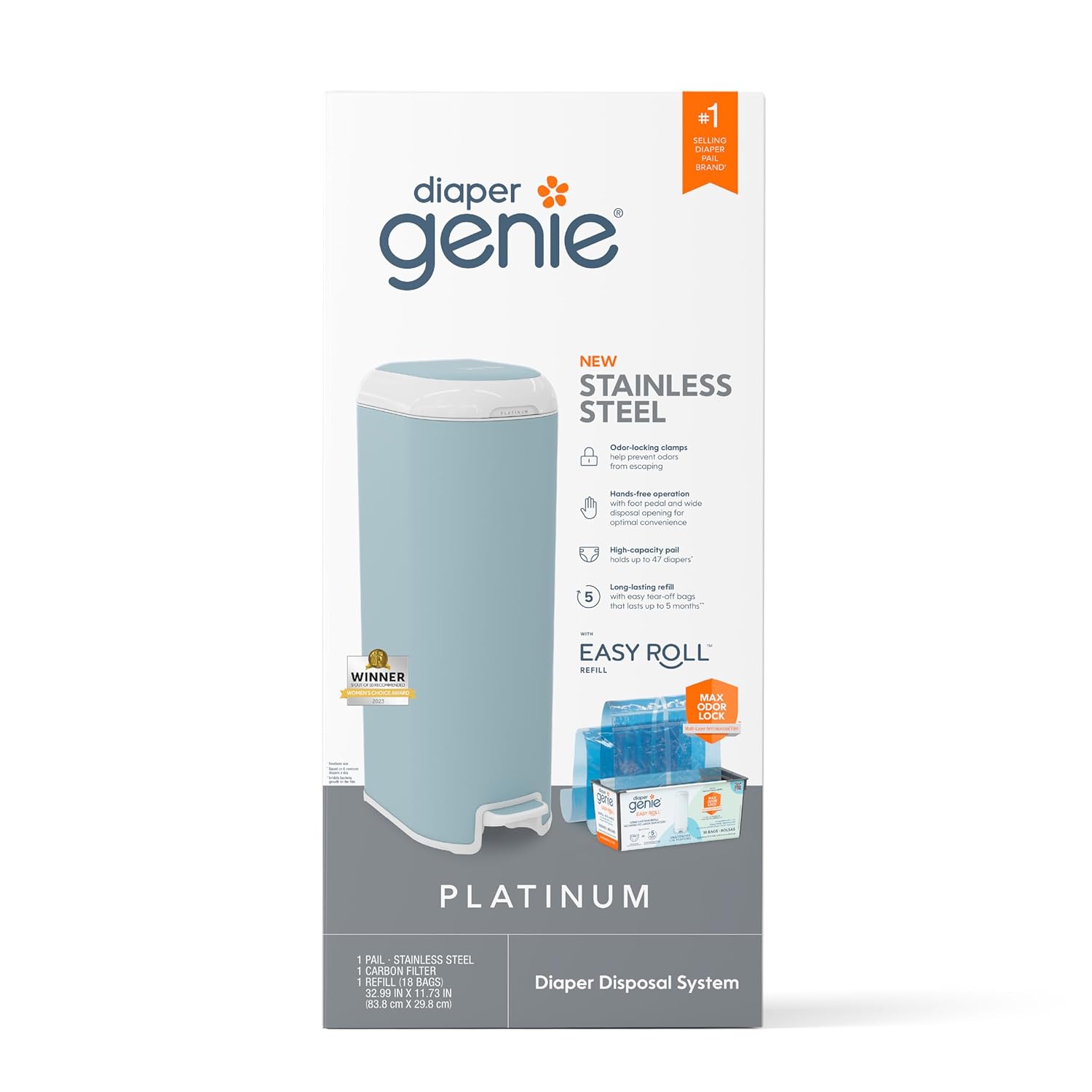 Diaper Genie El cubo de platino (azul glacial) está fabricado en acero inoxidable duradero e incluye 1 rollo de recarga fácil con 18 bolsas que