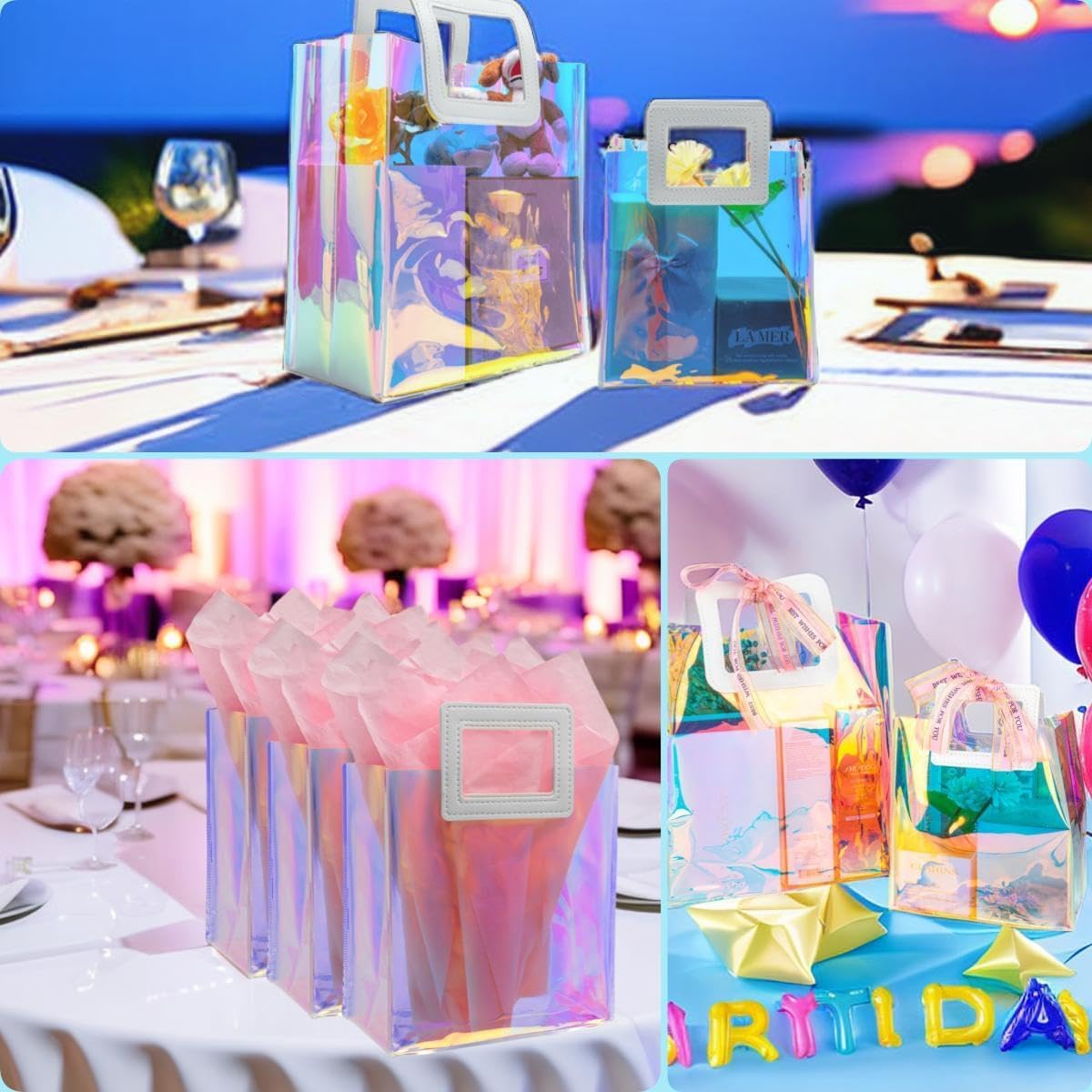 Caleihd 12 bolsas de regalo holográficas transparentes con papel de seda, bolsas de regalo de 7.9 x 7.1 x 3.9 pulgadas con asas, bolsas de regalo,