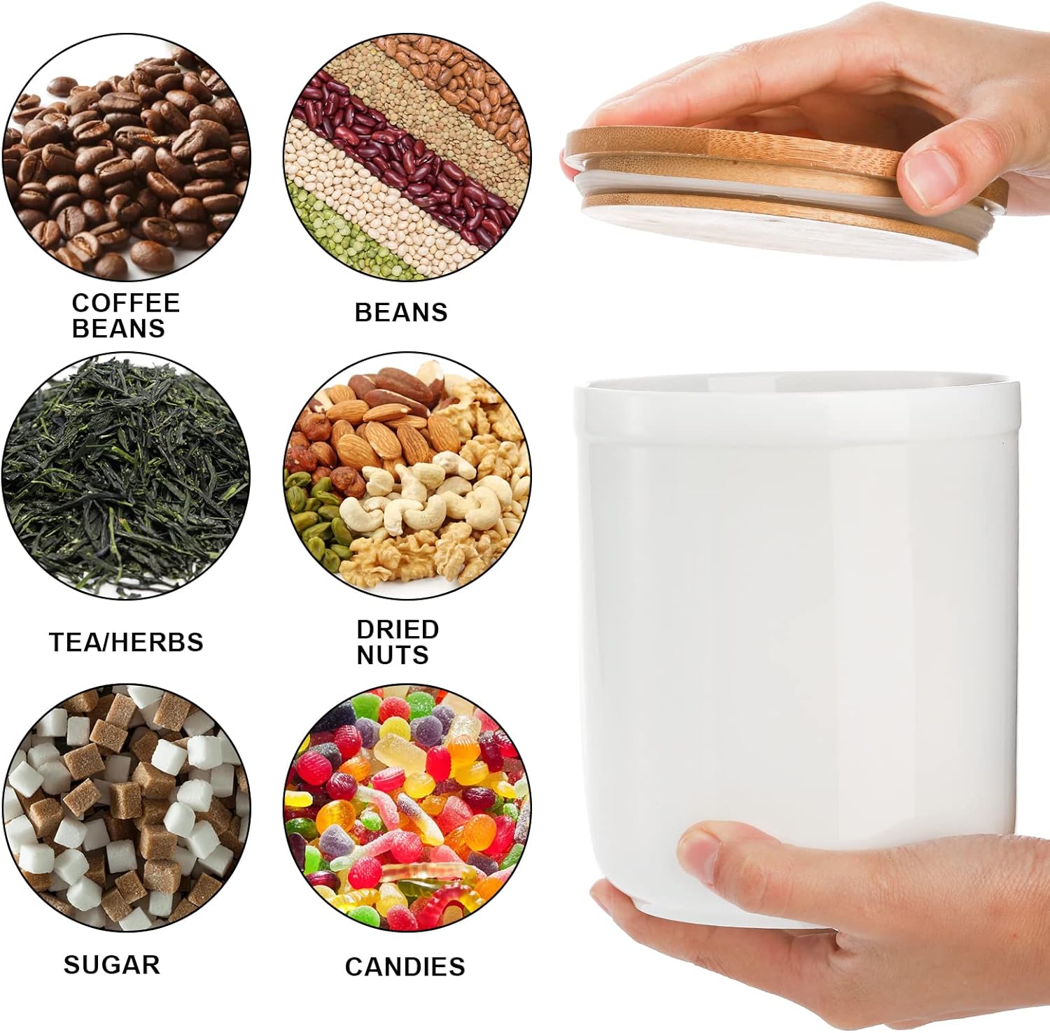 AVLA Paquete de 3 tarros de cerámica para almacenamiento de alimentos con tapas de bambú, recipientes de cocina blancos de 36 onzas líquidas para