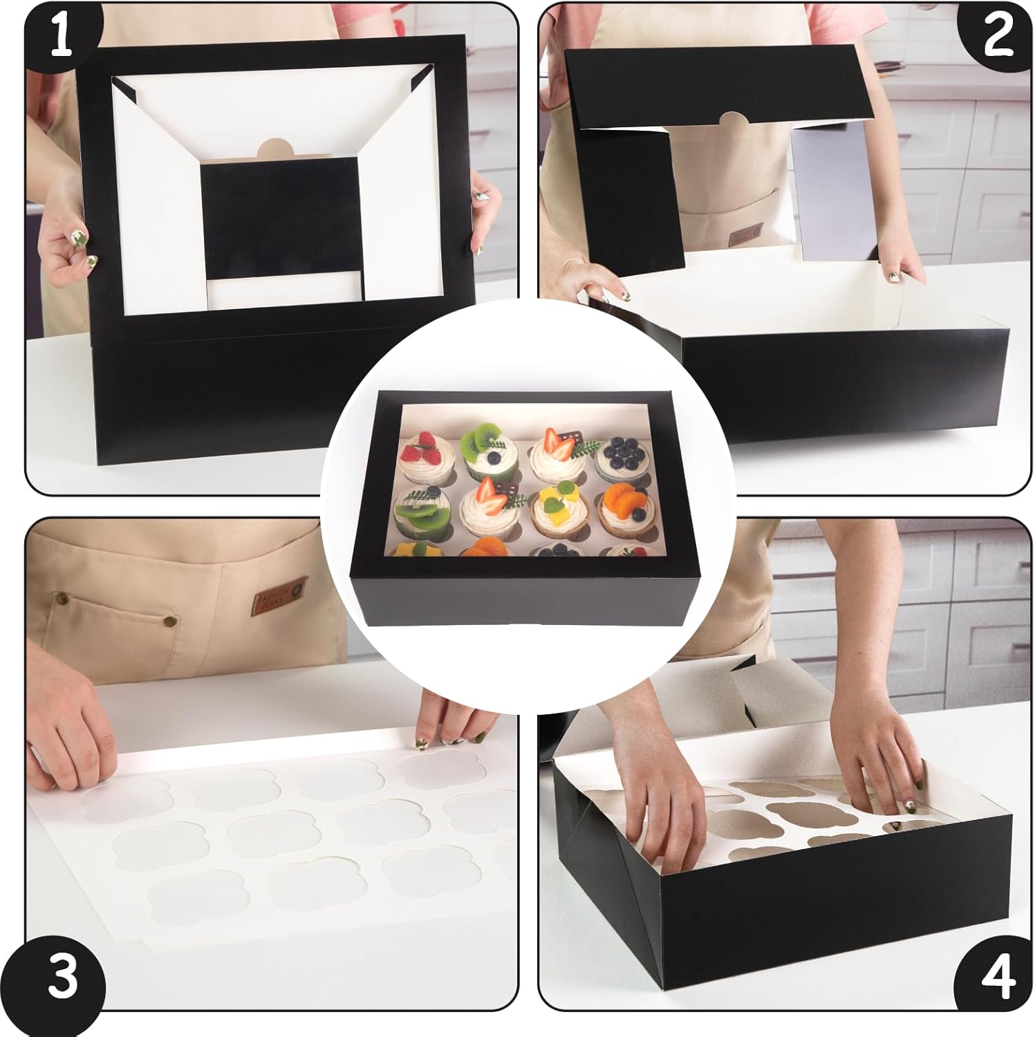 VGOODALL 6 recipientes para cupcakes con ventana, soporte negro para cupcakes con inserto de caja de pastelería, 12 unidades con capacidad para 72