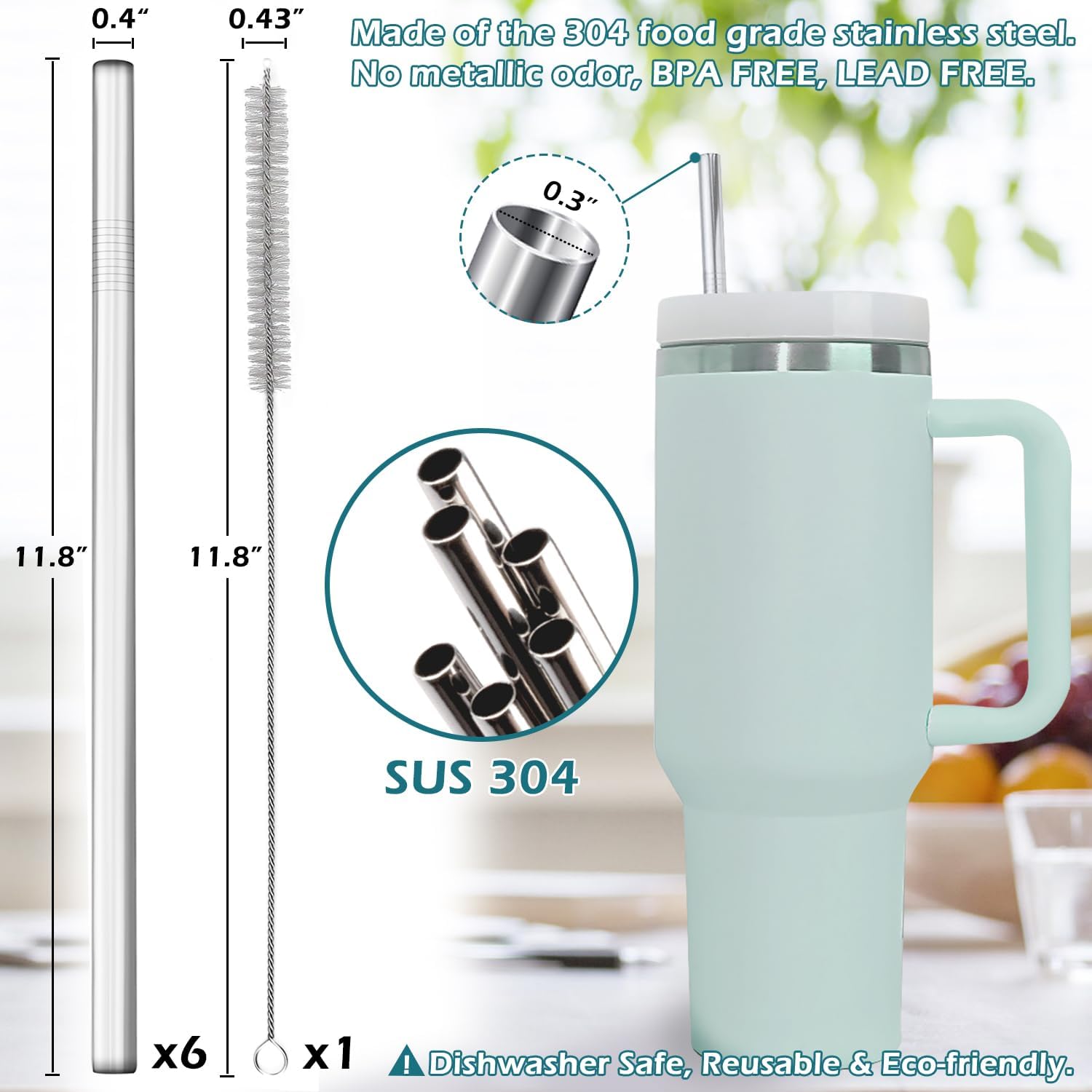 Paquete de 6 popotes reutilizables con cepillo de limpieza, popotes largos de repuesto compatibles con vaso Stanley de 40 onzas y 30 onzas, metal,