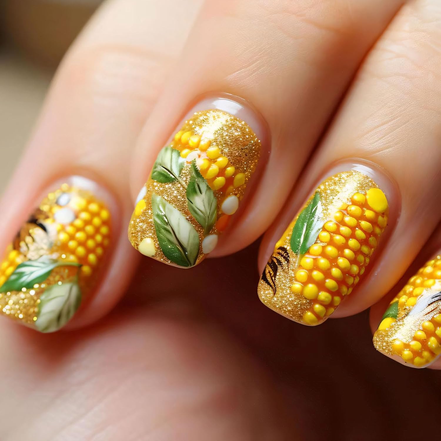 Uñas postizas cuadradas a presión, uñas postizas cortas con purpurina dorada, uñas acrílicas de longitud media con diseño de patrón de maíz, uñas