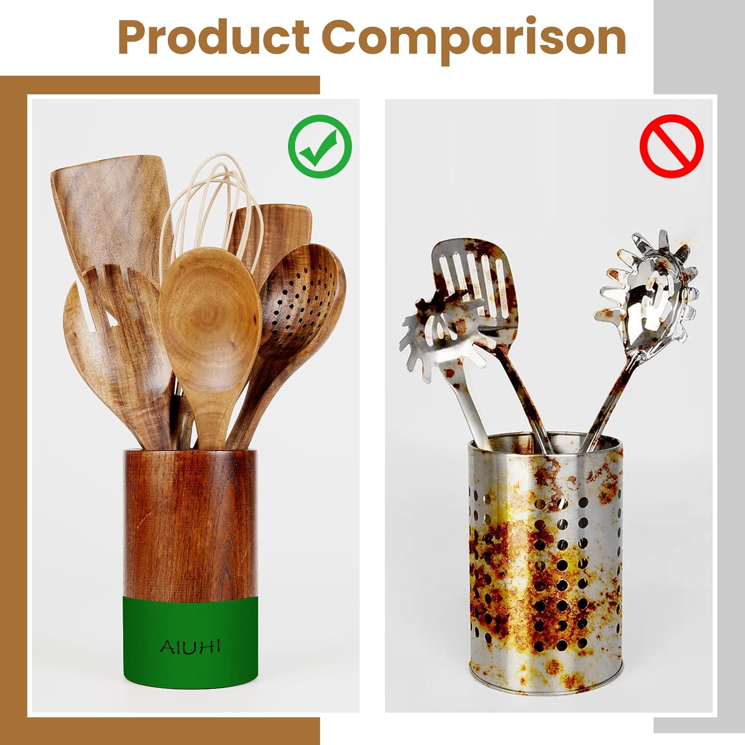 Soporte de madera para utensilios de cocina para encimera, organizador de utensilios de teca, soporte de madera para utensilios de cocina, para