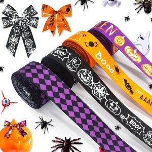 4 rollos de cintas de satén de Halloween para envolver regalos, cintas de Halloween naranja y negro para decoración de fiestas de bricolaje, 0.9 4 rollos de cintas de satén de Halloween para envolver regalos, cintas de Halloween naranja y negro para decoración de fiestas de bricolaje, 0.9