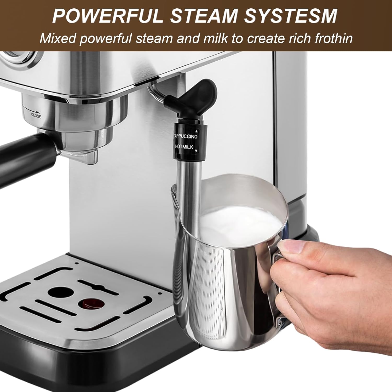 Máquina de café expreso de 15 barras con vaporizador de leche, máquina de café Home Expresso para capuchino y café con leche (plata, acero