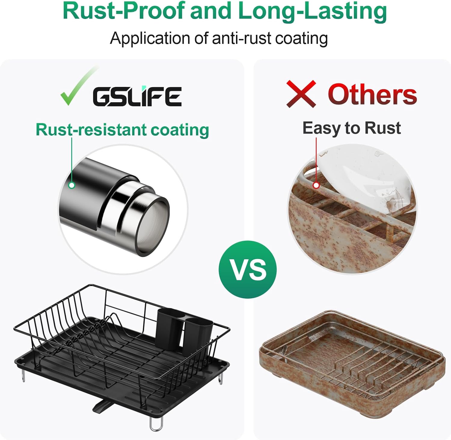 GSlife Escurridor de platos con escurridor, escurridor de platos para encimera de cocina, escurridor compacto resistente al óxido con soporte para