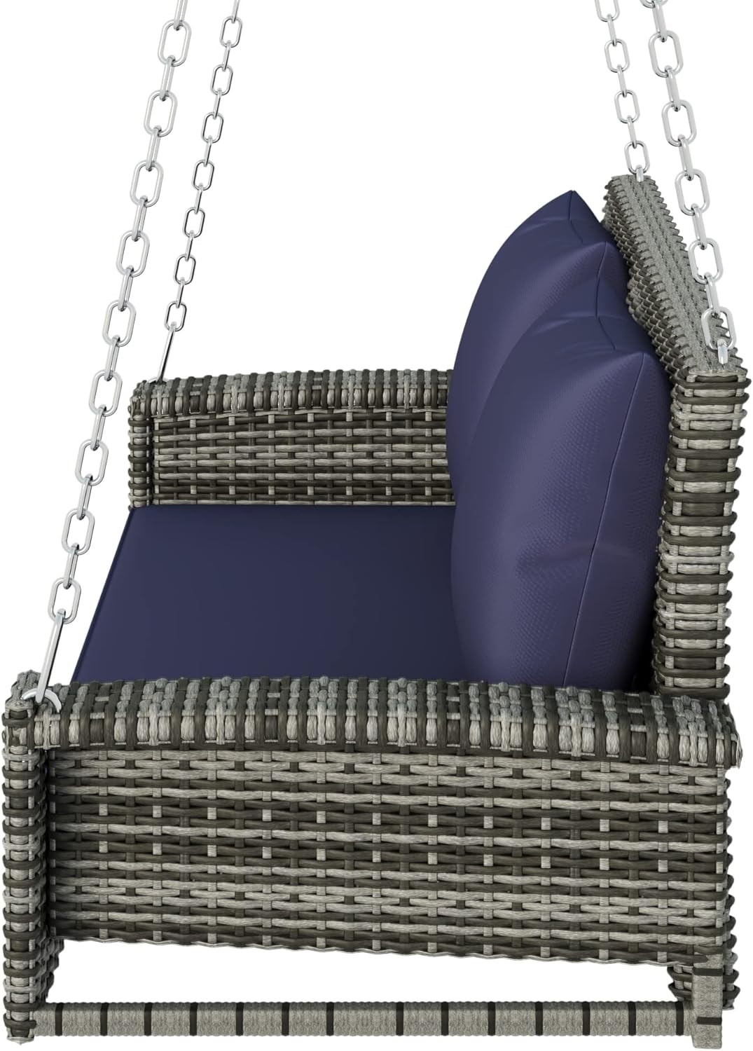 Columpios de mimbre para porche para 2 personas, columpio colgante para porche con cadenas, cojín azul y almohada, columpio de banco al aire libre
