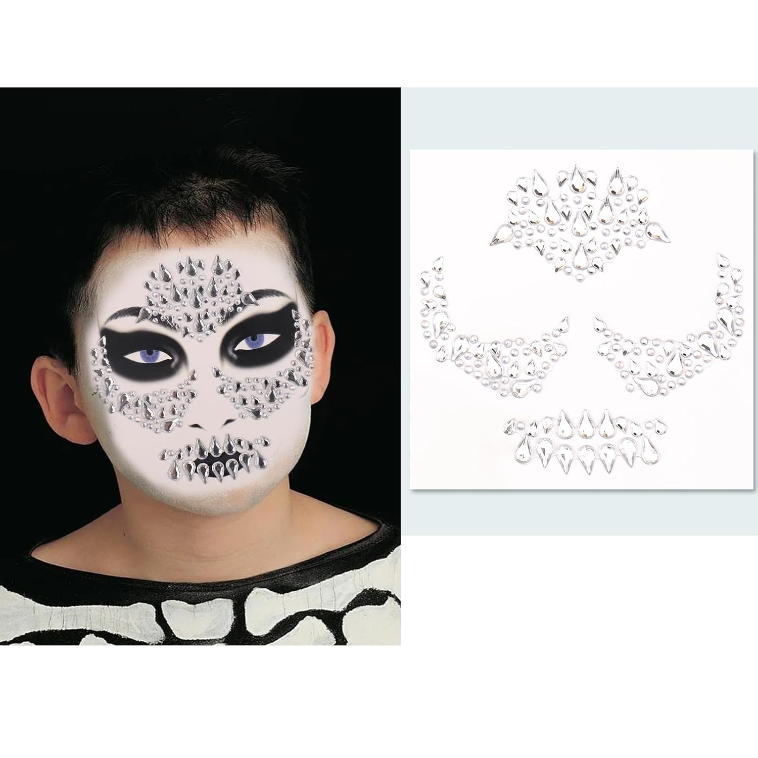 Calcomanías de joyas de Halloween para la cara, decoraciones de gemas de cara de Halloween, tatuajes temporales de calavera del día de los muertos,