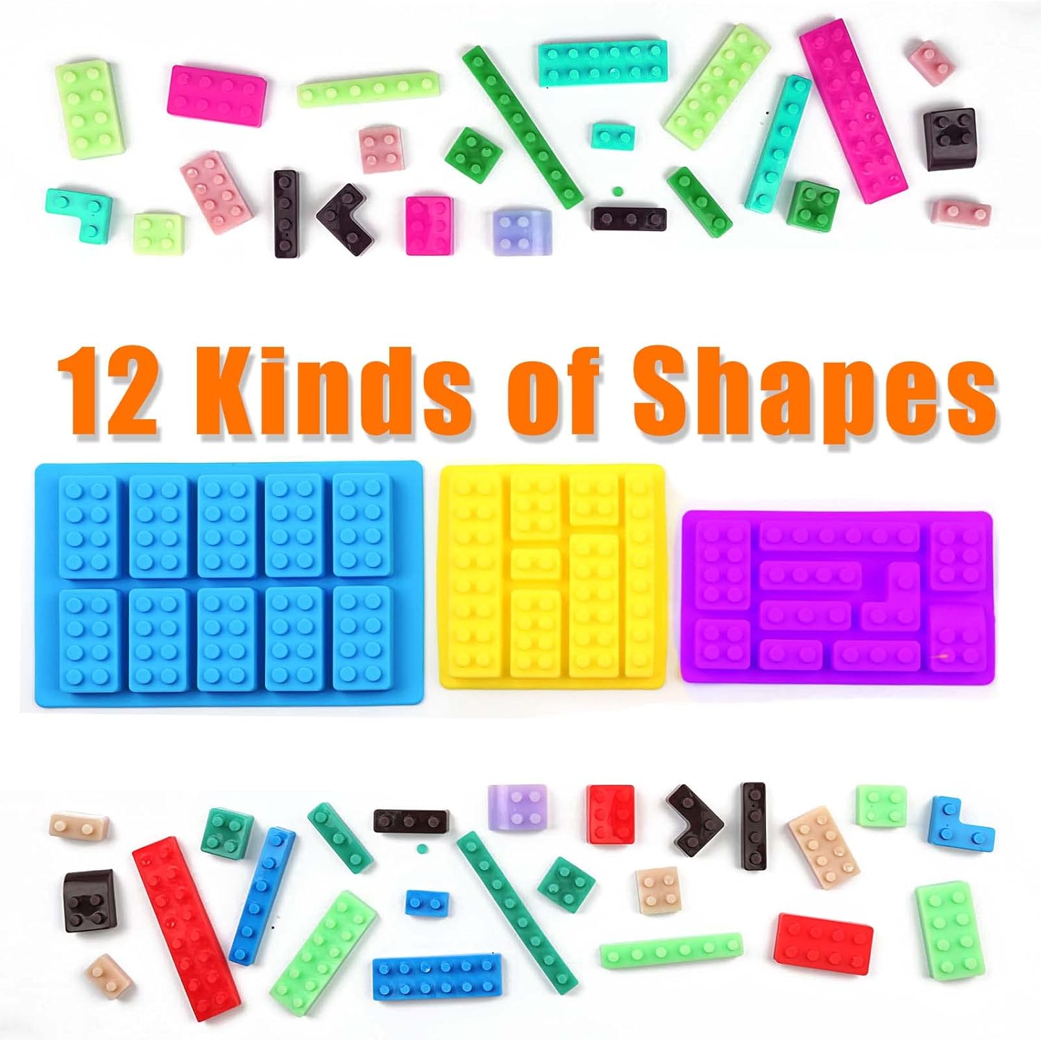 Mivofun – 3 moldes de bloques de construcción, moldes de silicona para ladrillos de construcción, 12 tipos de formas, moldes para cubitos de hielo,