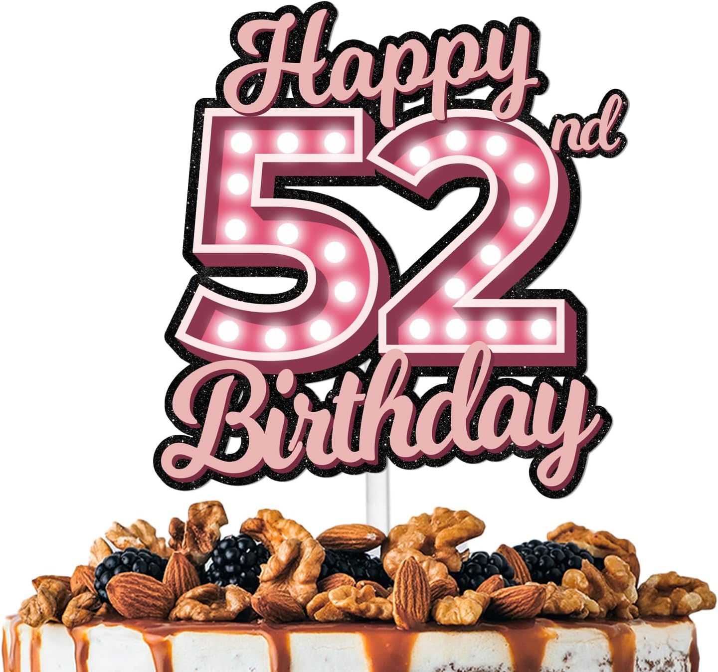 Decoración de pastel de cumpleaños 52 con purpurina rosa Let’s Glow Crazy Party Theme Decor Supplies Men Women Happy Birthday 52 Anniversary Party