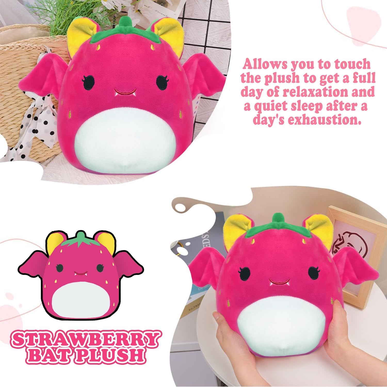 ROMINVIC – Almohada de peluche de murciélago de fresa, 8 pulgadas, peluche de murciélago Kawaii 3D para Navidad, cumpleaños, regalos para niños,