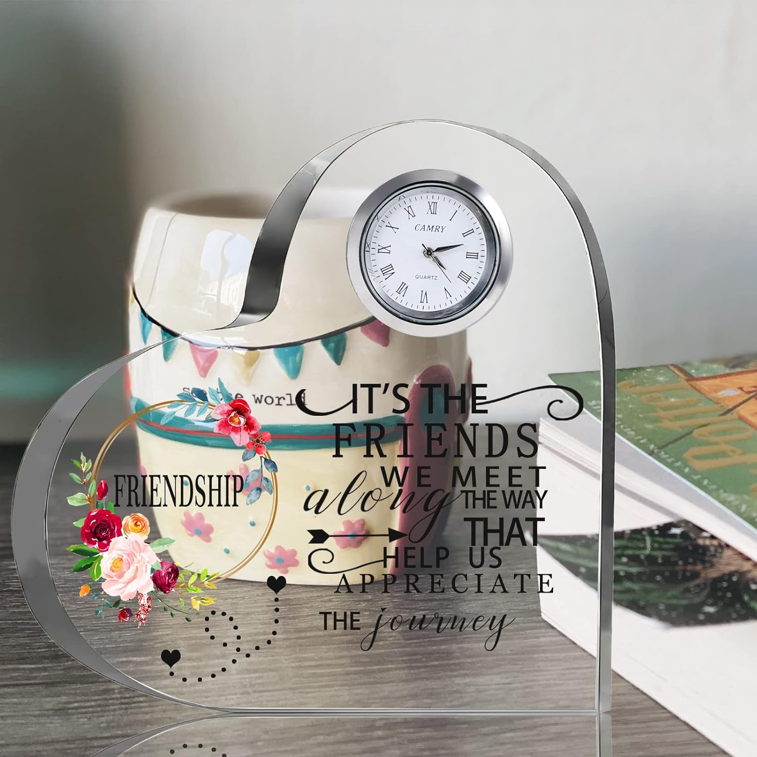 Movdyka Regalos de amistad para mujeres, amigos, corazón de cristal de 5.9 pulgadas, cristal grande de flores con reloj, el mejor regalo único para