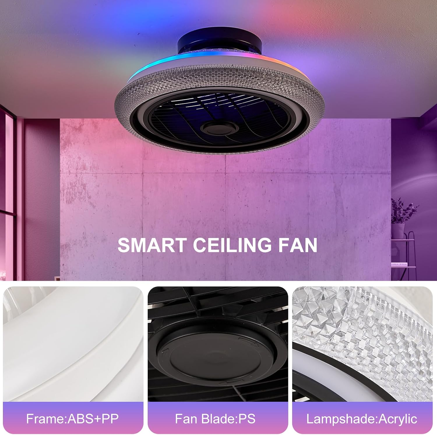 Ventilador de techo de cristal RGB con control remoto de luz, ventilador de techo de 19.7 pulgadas, montaje empotrado, RGB regulable, LED, 6