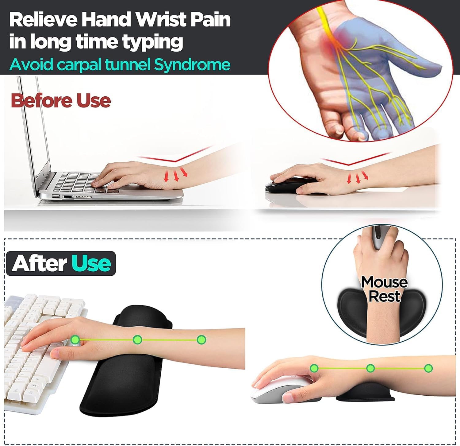 Gimars Reposamuñecas de espuma viscoelástica de gel sedoso para teclado de computadora, mouse, 3 piezas de reposamuñecas ergonómico para teclado y