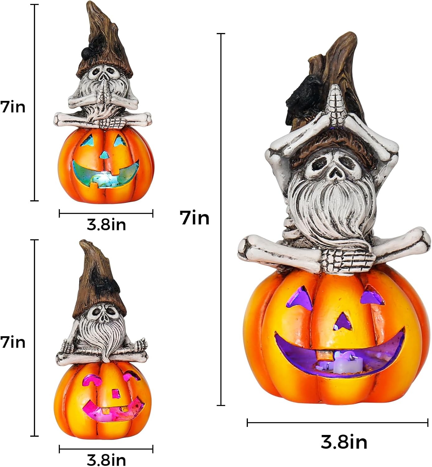 Adornos de esqueleto de luz de calabaza de Halloween, 3 juegos de luces decorativas de calabaza LED de Halloween