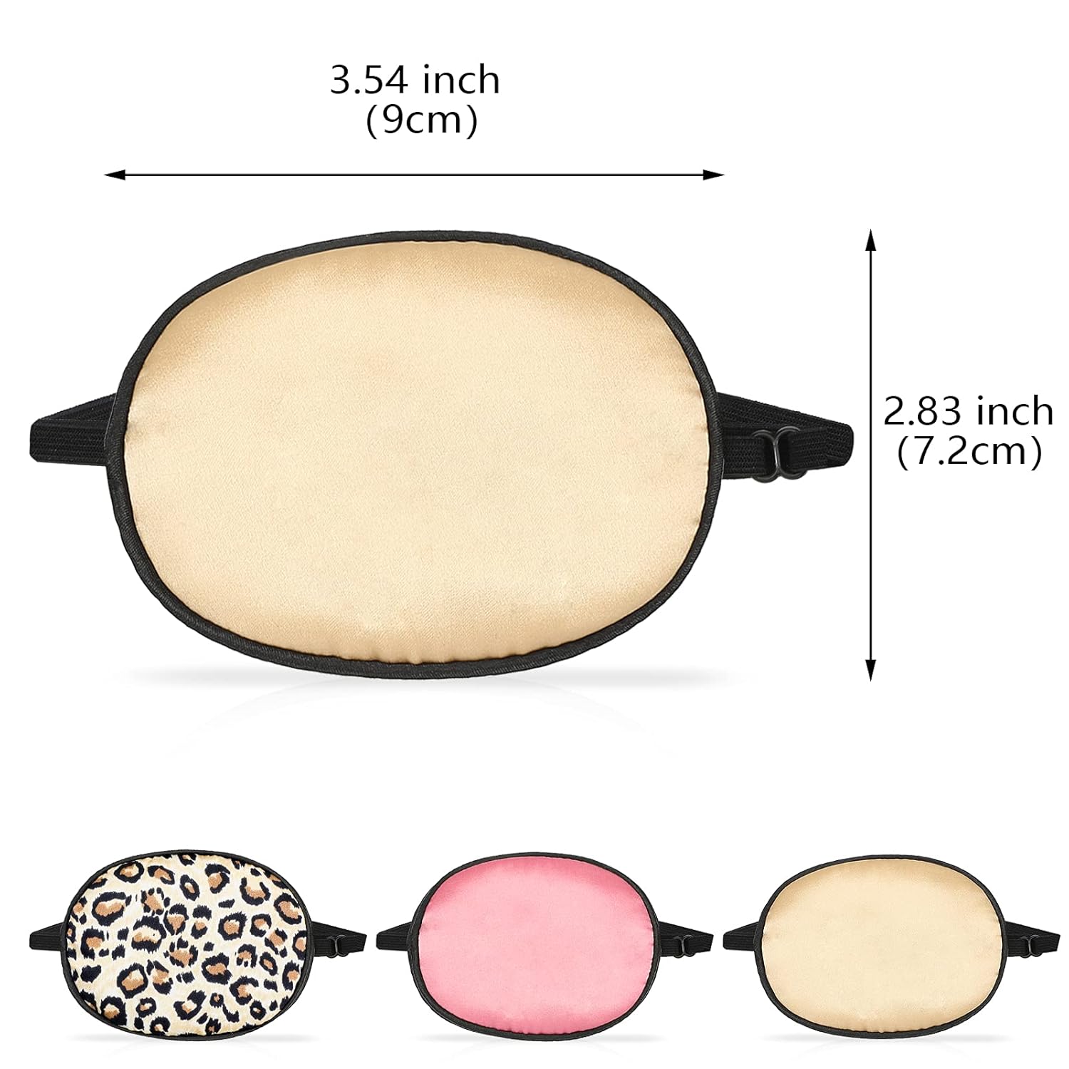 Parche de seda para ojos de 3 piezas, parche elástico para ojos perezosos, parche ajustable para un solo ojo con correa elástica (leopardo, champán,