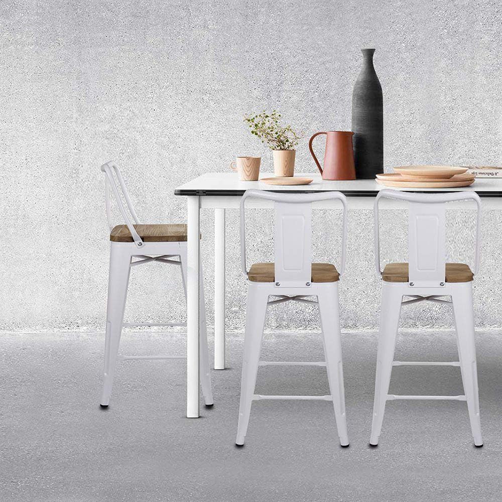 GIA Juego de 2 taburetes de bar de metal con respaldo alto de 24 pulgadas, asiento de madera natural, capacidad de peso de más de 300 libras, listos
