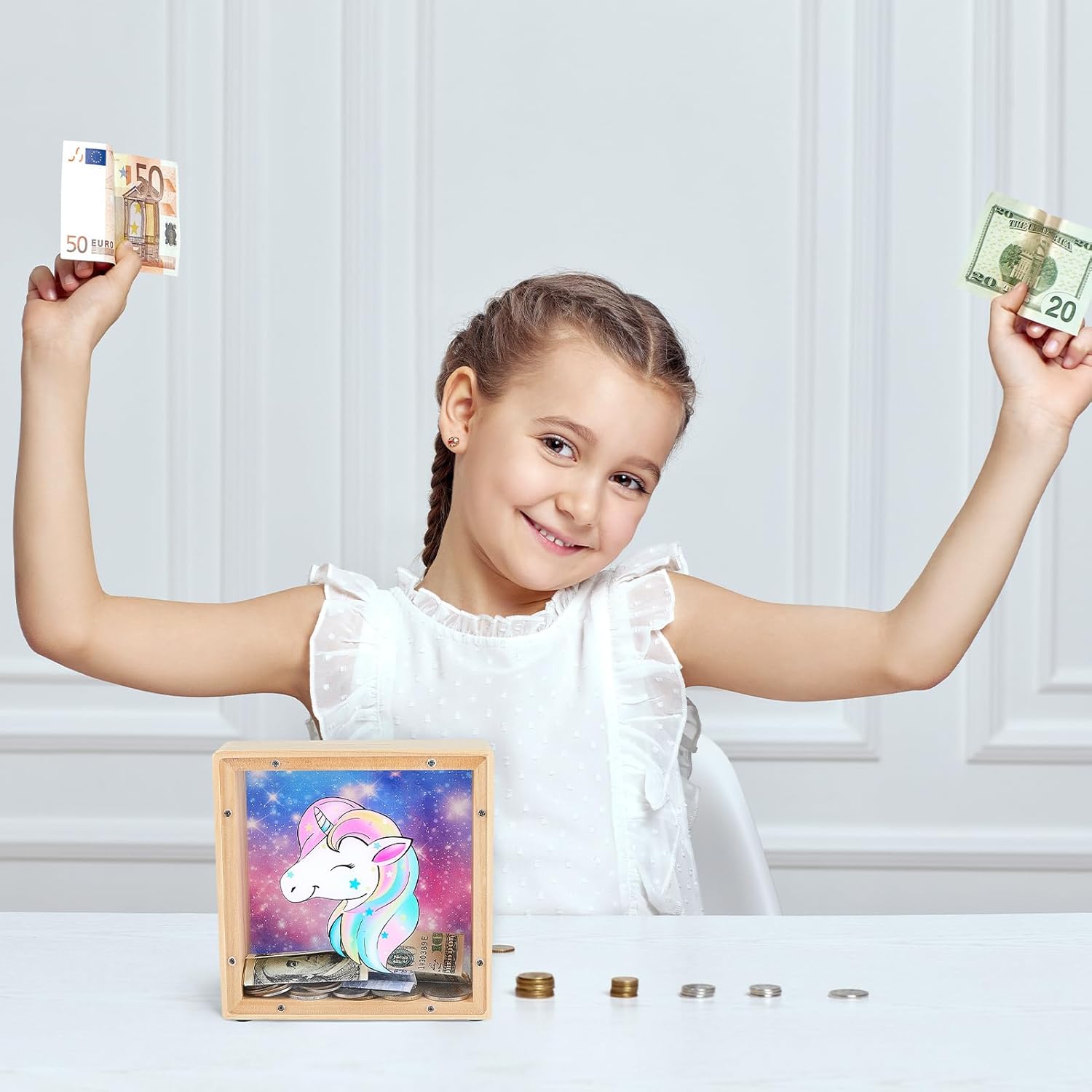Hedgeink – Hucha para niñas, alcancía de unicornio para dinero, con calcomanías del alfabeto (fucsia azul)