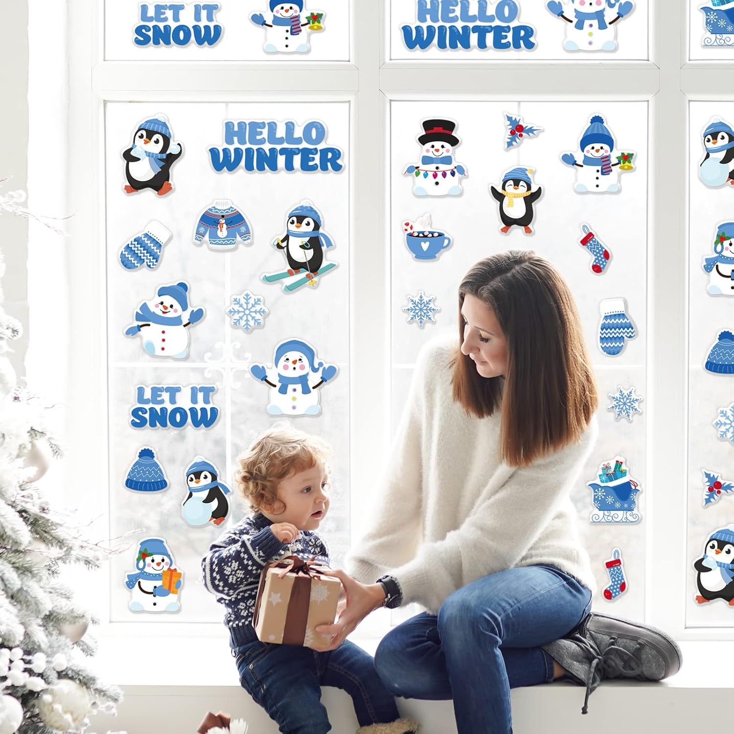 Whaline 2 hojas de calcomanías de gel gruesas de invierno, muñeco de nieve, pingüino, copo de nieve, ventana, reutilizables, lindos hola invierno,