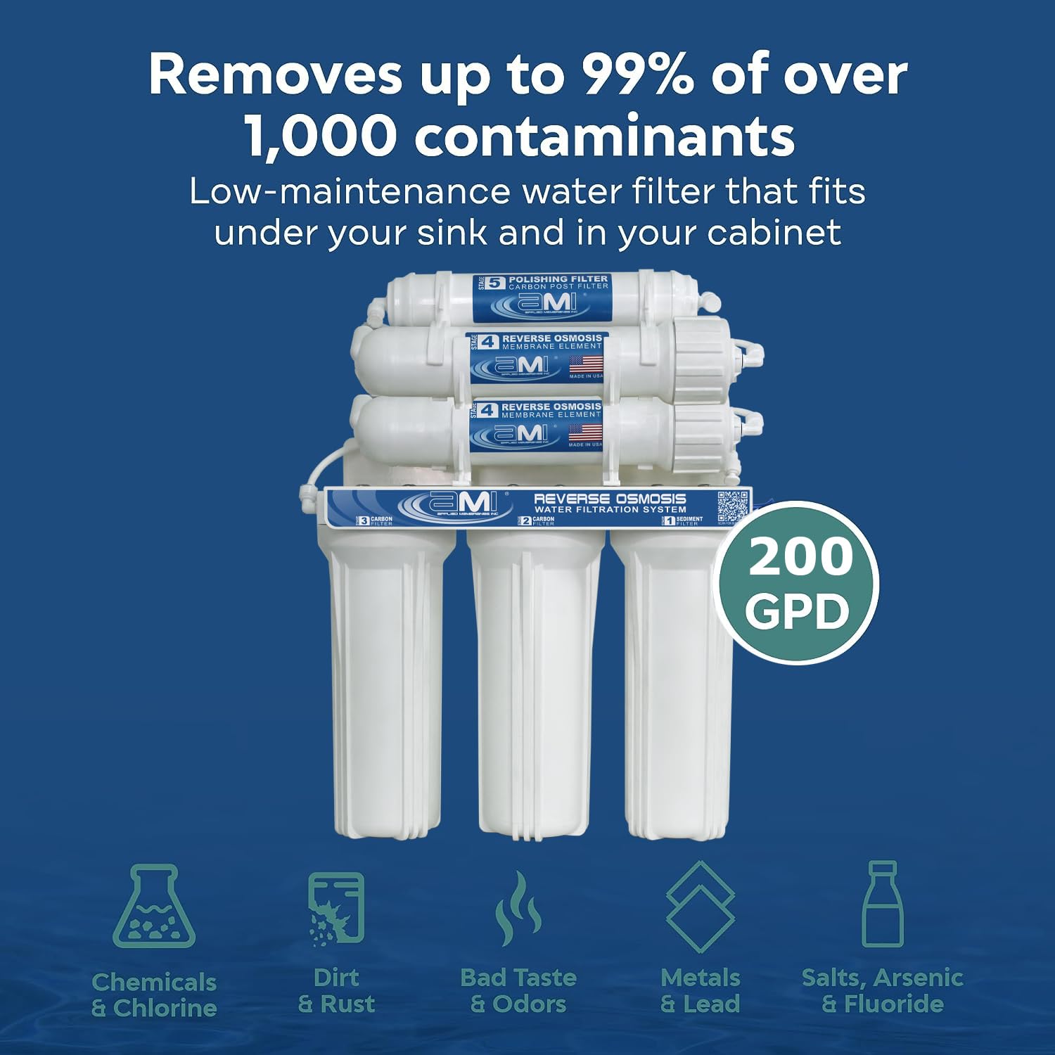 Sistema de filtración de agua de ósmosis inversa de membranas aplicadas, sistema de filtro de agua debajo del fregadero con 5 etapas de carbono de