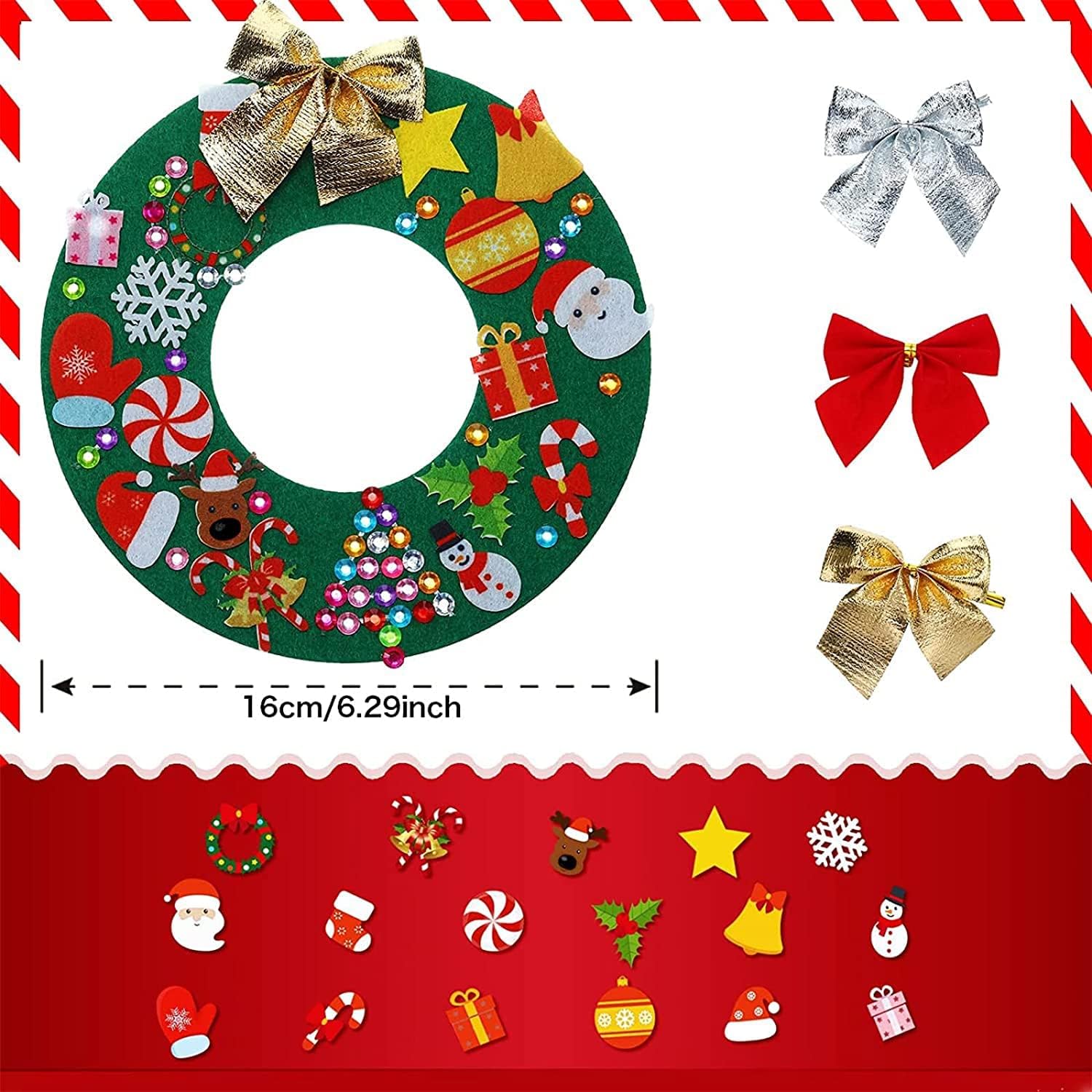 Tatuo Kit de 12 piezas de fieltro para corona de árbol de Navidad, adornos de Navidad con 221 calcomanías autoadhesivas de fieltro de Navidad, 12