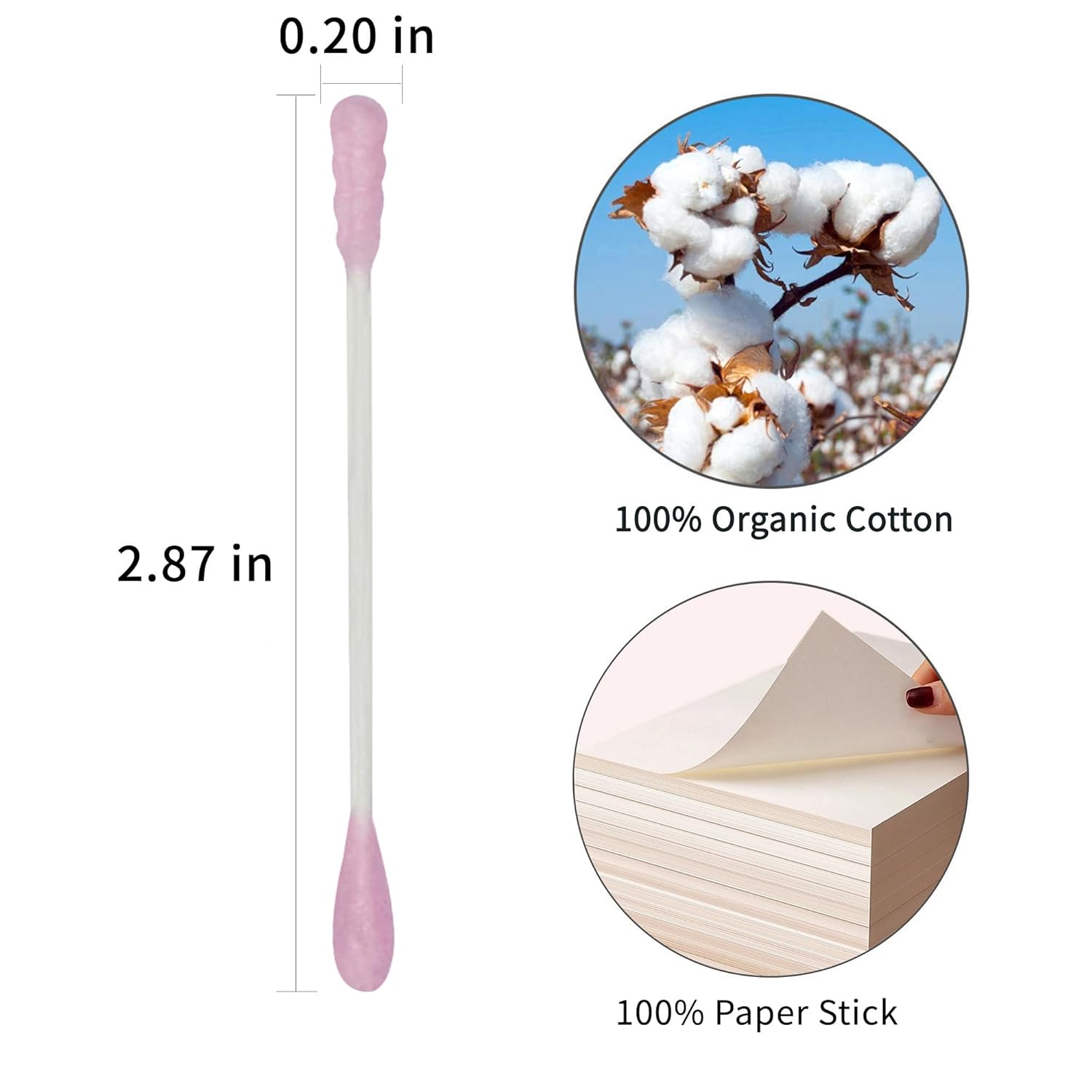 Hisopos de algodón rosa en espiral, 600 unidades de algodón orgánico, doble cara, firmemente envueltos, puntas de algodón, palillo de papel, suave,