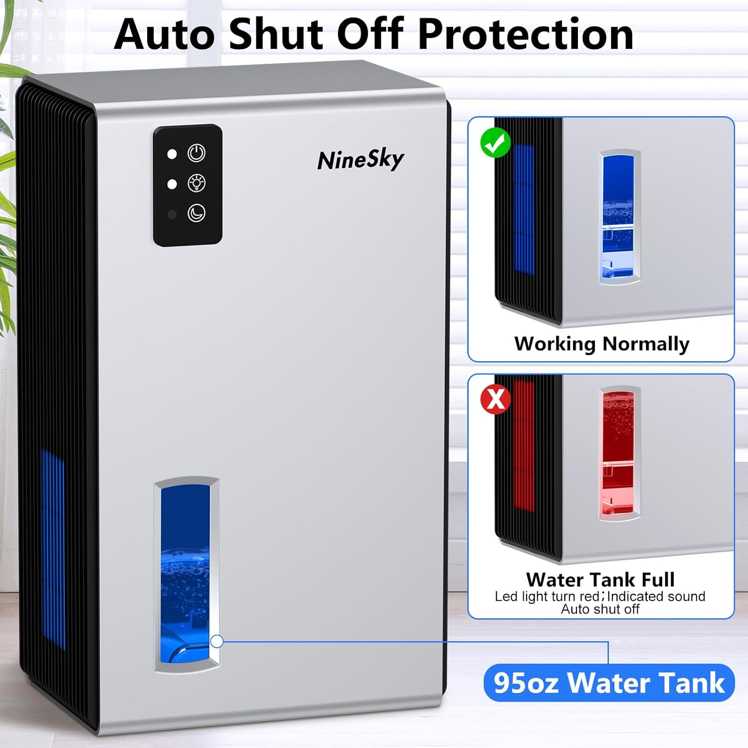 NineSky Deshumidificador para el hogar, tanque de agua de 85 onzas, (800 pies cuadrados), deshumidificadores para baño y dormitorio con apagado