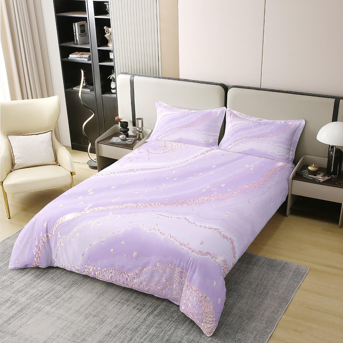 Erosebridal Juego de funda de edredón 100 % algodón de mármol morado y rosa, tamaño matrimonial, juego de ropa de cama femenina de acuarela para