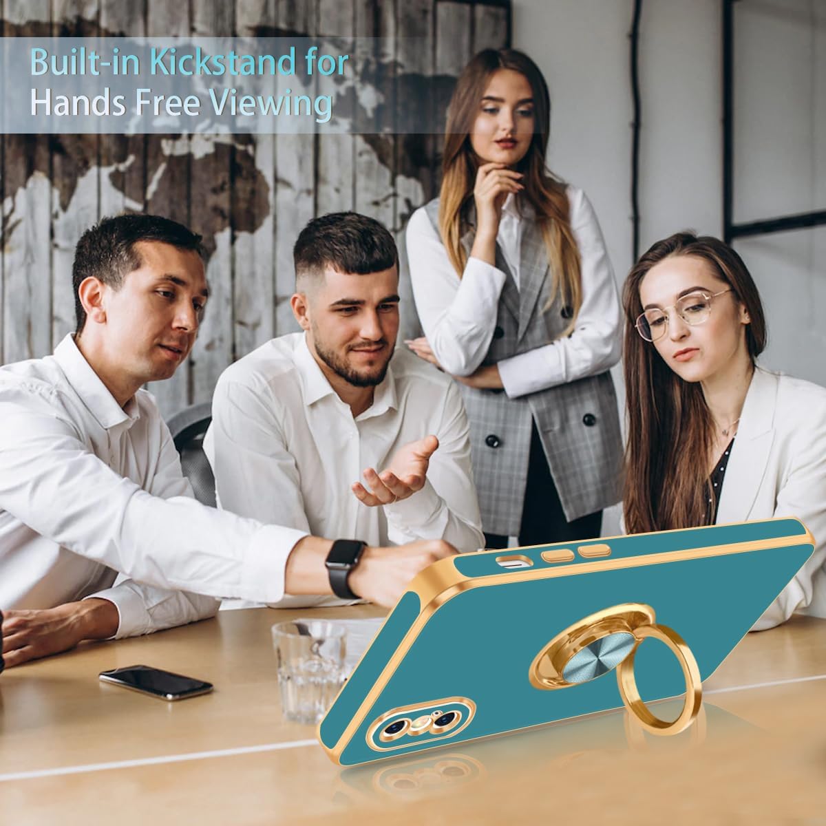 Fingic Funda para iPhone X, iPhone XS con soporte de anillo de 360 Soporte magnético giratorio con borde dorado brillante, delgada, suave TPU a