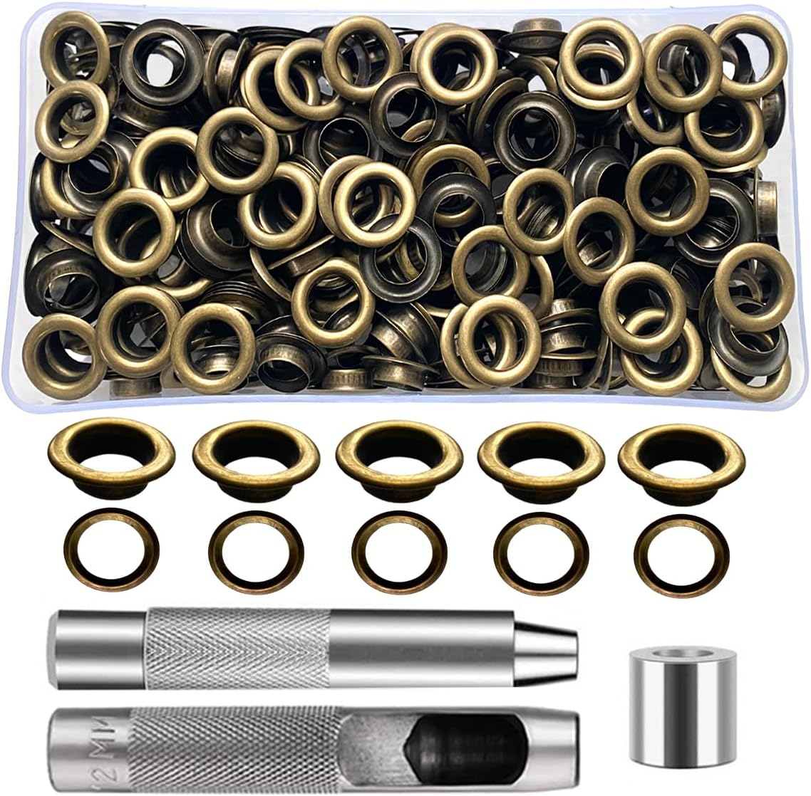 Kit de ojales de 12 pulgada, 240 juegos de ojales de bronce con 3 herramientas de instalación y caja de almacenamiento, kit de ojales para tela,