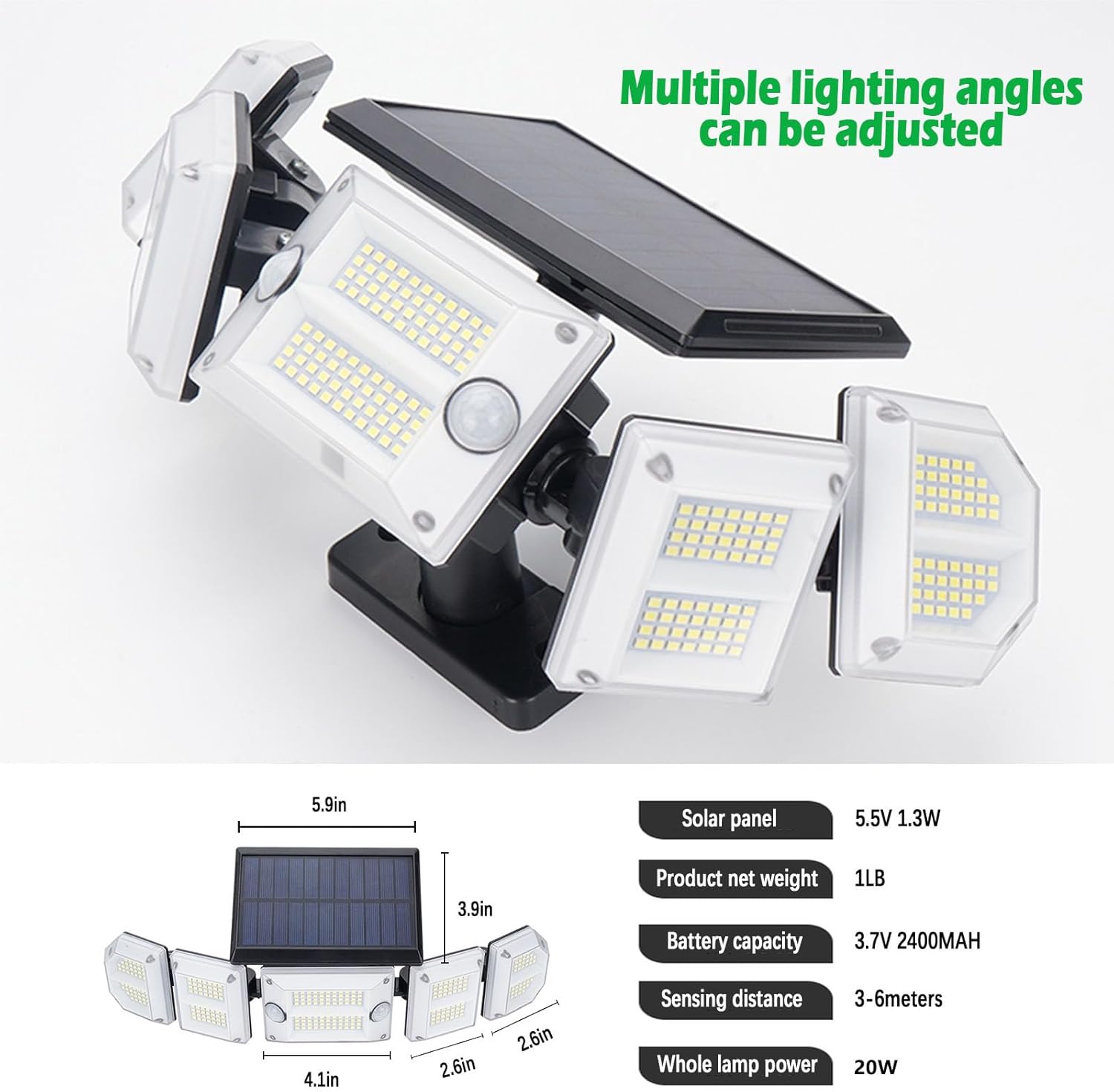 Luces solares para exteriores con sensor de movimiento para exteriores, luces de seguridad de 5 cabezales, funciona con energía solar, 300 luces LED