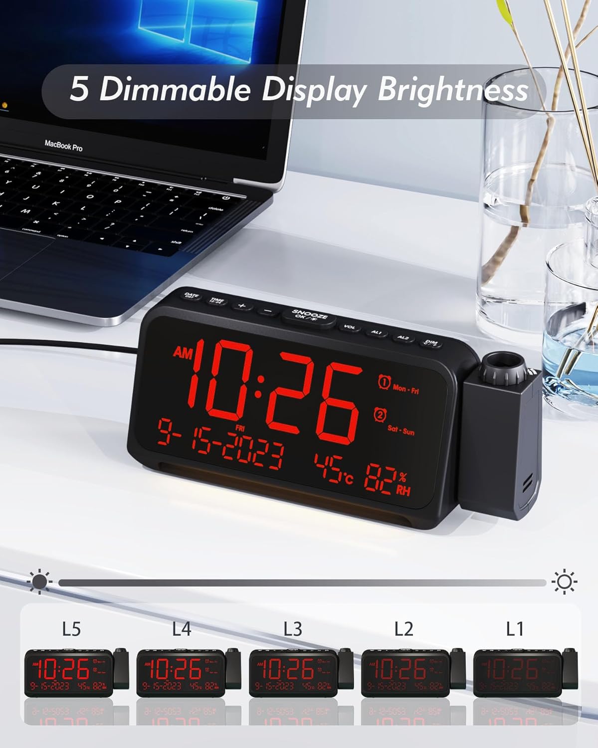 Roxicosly Reloj despertador de proyección dígitos blancos proyección roja+despertador súper fuerte con agitador de cama 2 unids