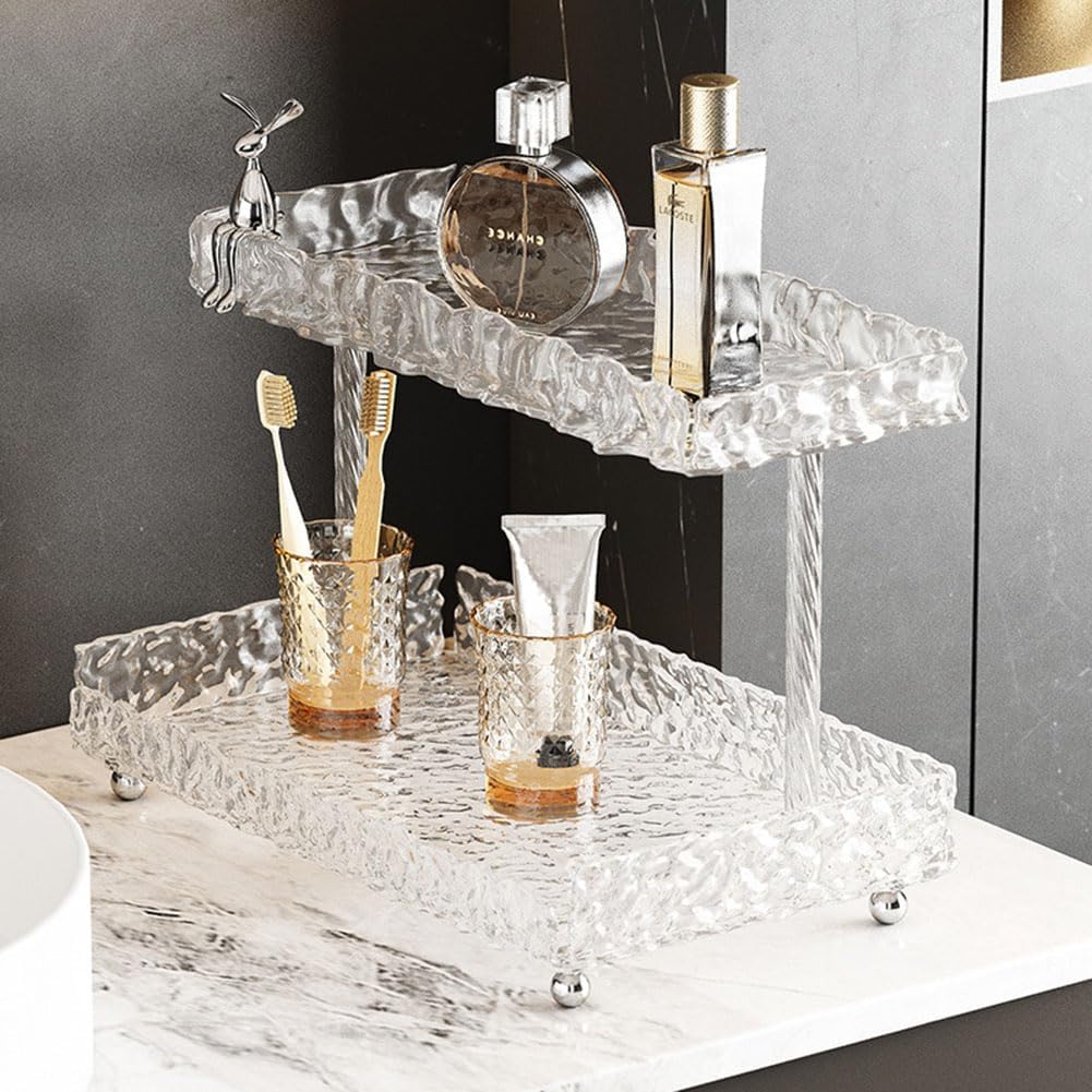 Soporte de escritorio de 2 niveles, organizador de encimera de baño, bandeja acrílica con textura de piedra translúcida para especias,