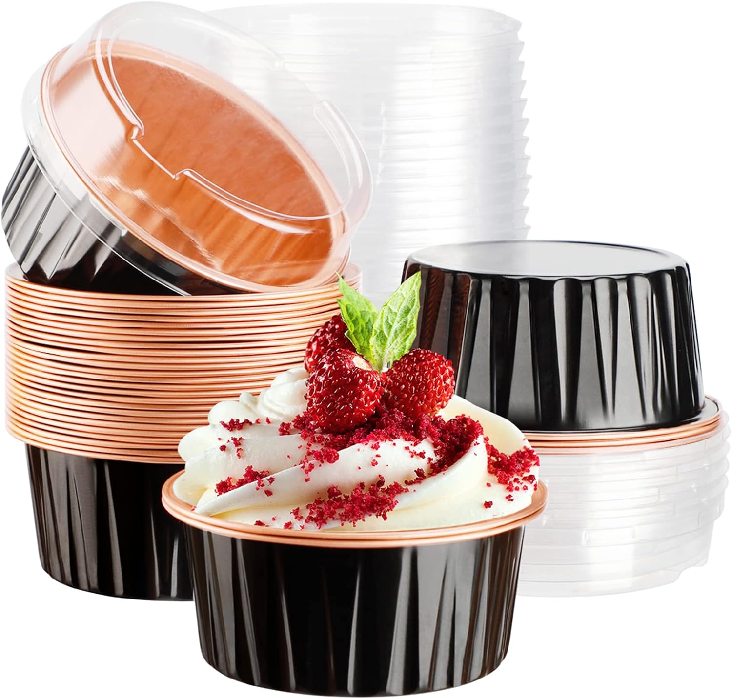 EUSOAR Ramekin – Tazas para hornear, 30 moldes de papel de aluminio de 5 onzas para magdalenas con tapas, mini moldes para pasteles con tapas,