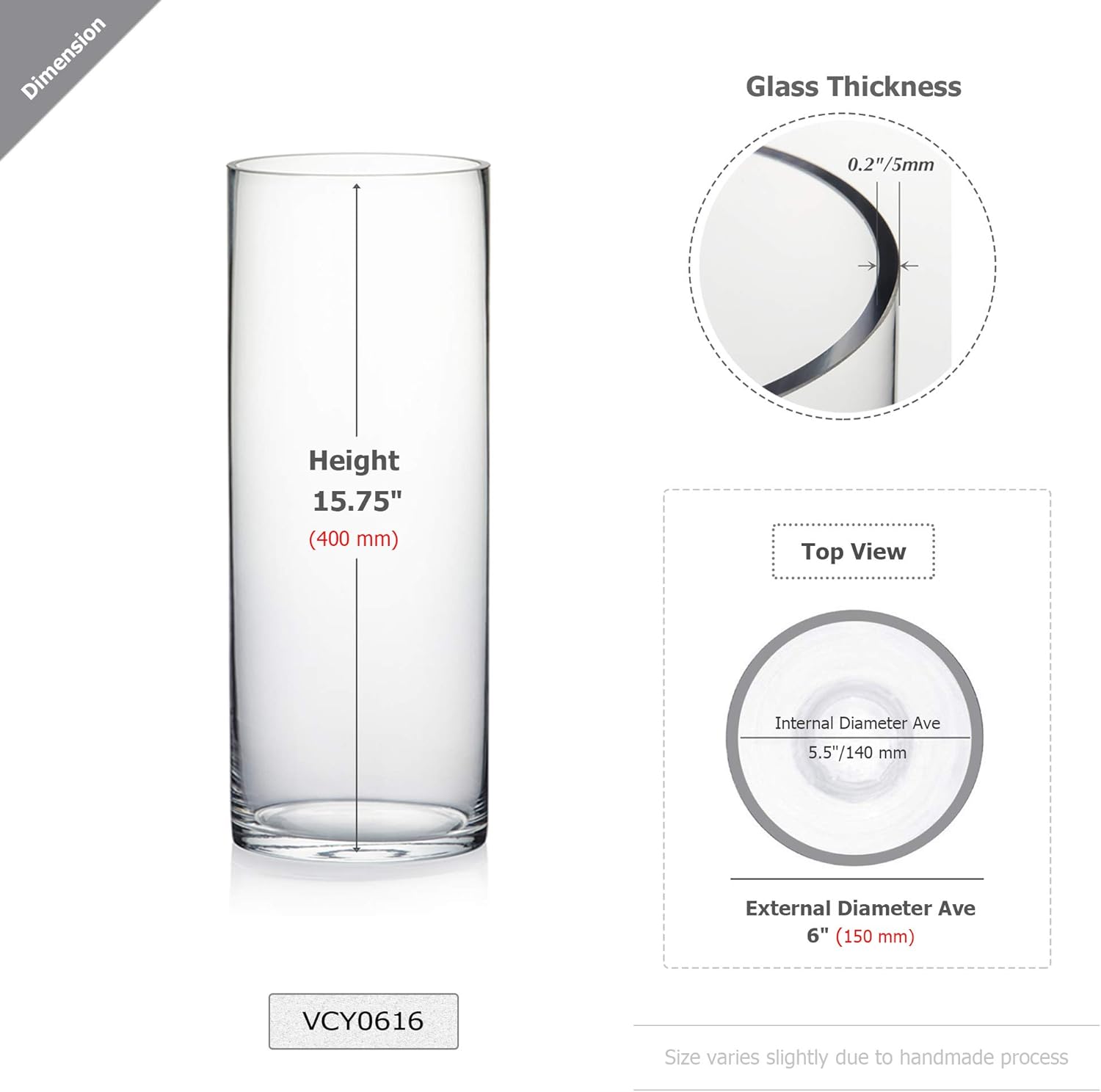 WGV – Jarrón cilíndrico de 6 pulgadas de ancho, 16 pulgadas de alto, recipiente de vidrio transparente, portavelas de terrario para centro de mesa