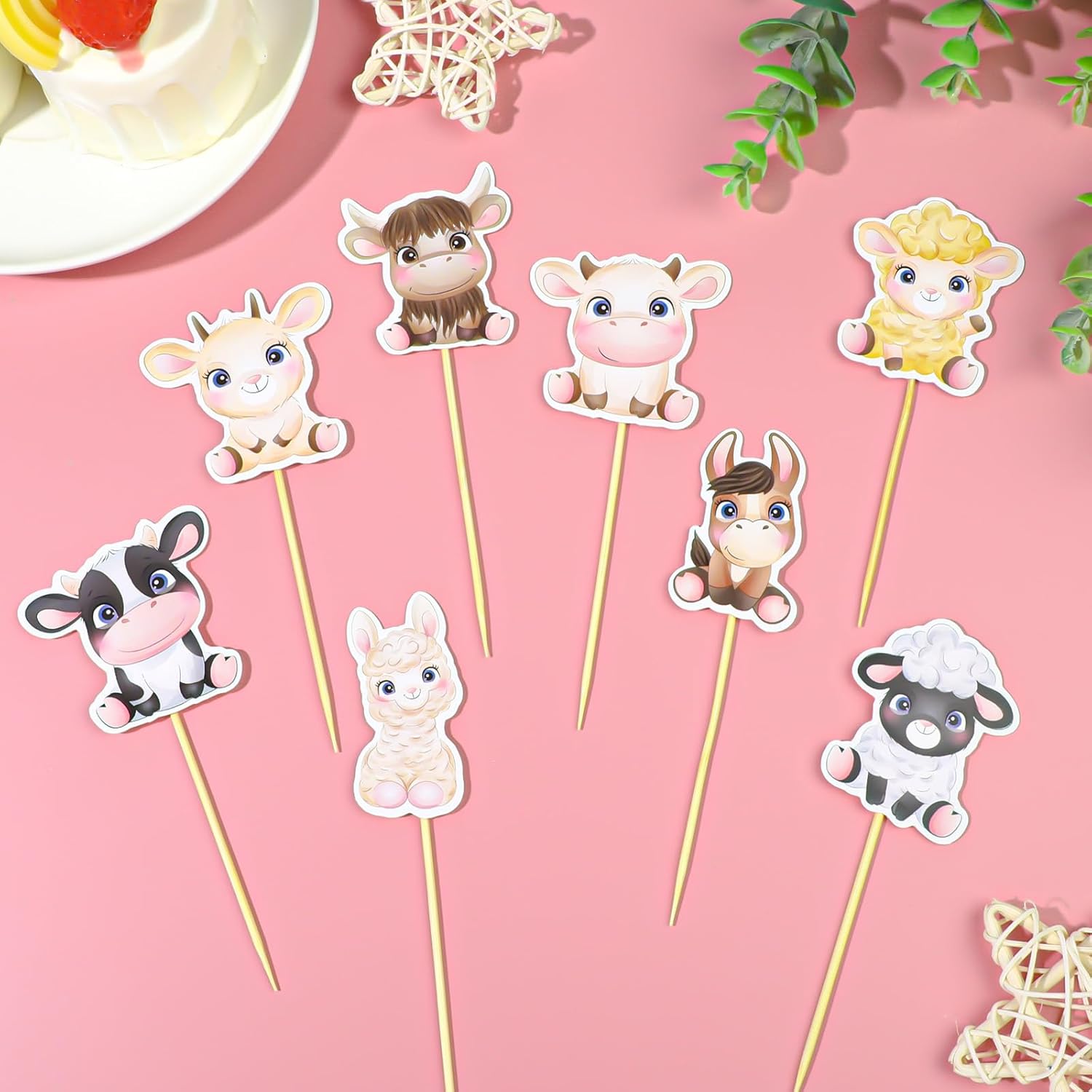 RAYNAG 32 piezas de adornos para cupcakes de animales de granja, decoración rústica para cupcakes, vaca, oveja, burro, decoración de pasteles para