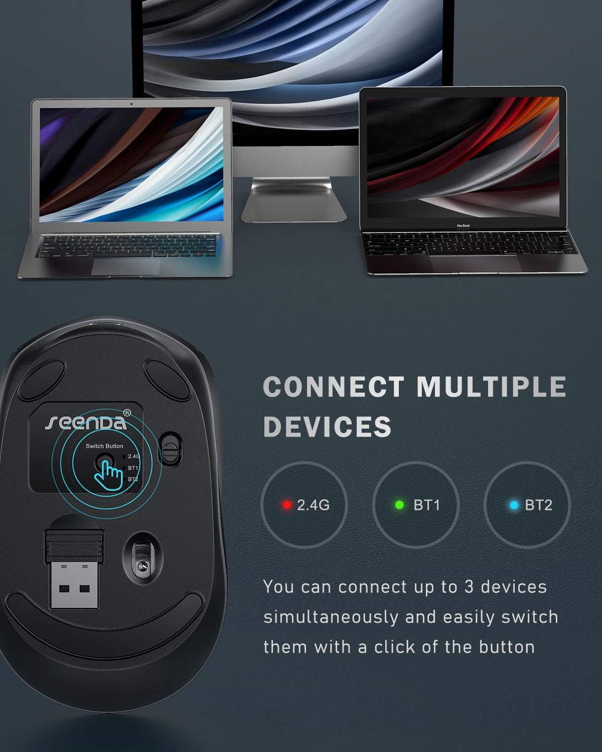 seenda Mouse Bluetooth – Ratón inalámbrico ultra silencioso, recargable e iluminado (Bluetooth 3.05.0+USB) para computadora, laptop, laptop,