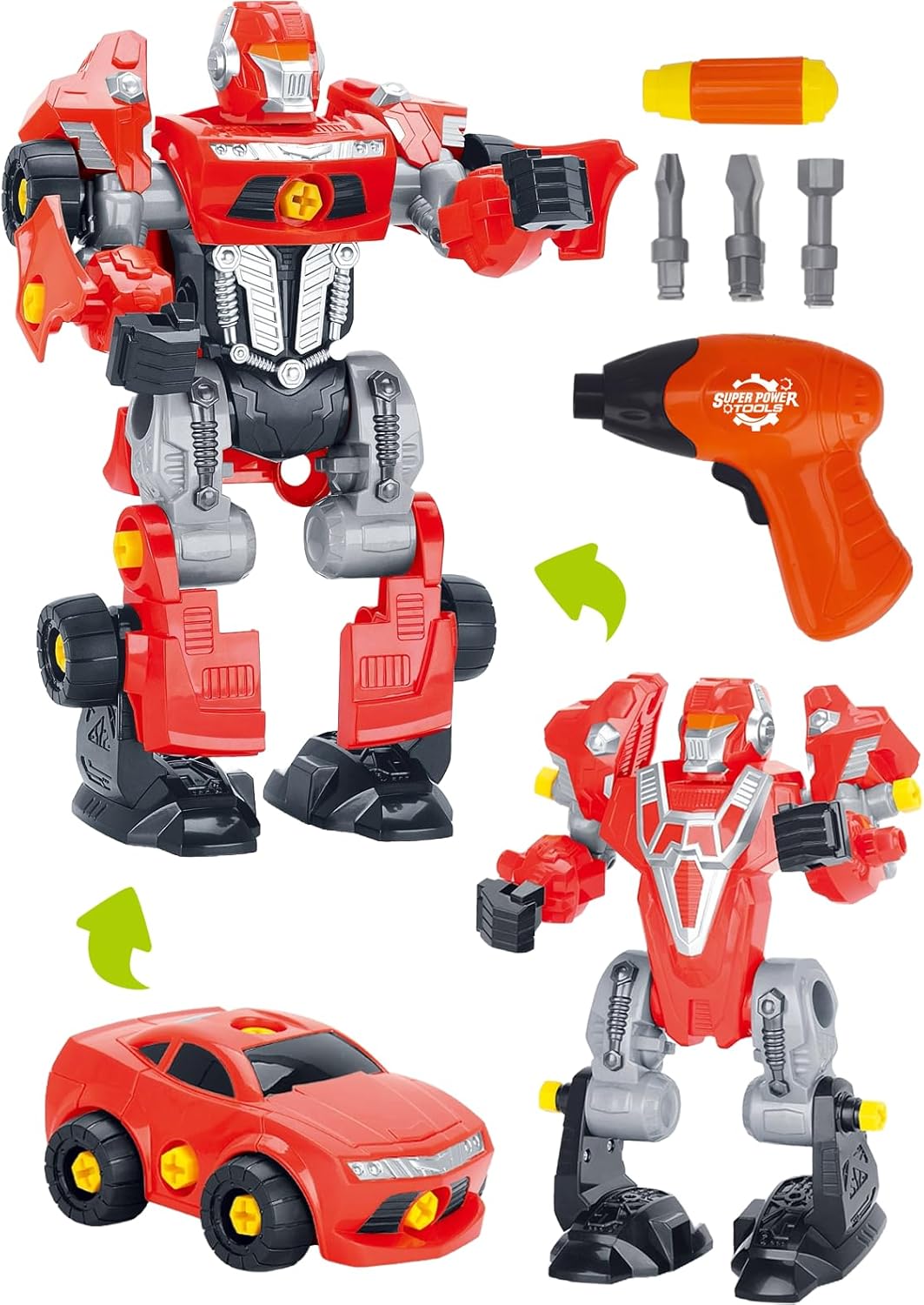 PowerTRC Juego de robot de juguete 3 en 1 con 42 piezas de modificación, taladro eléctrico y destornillador