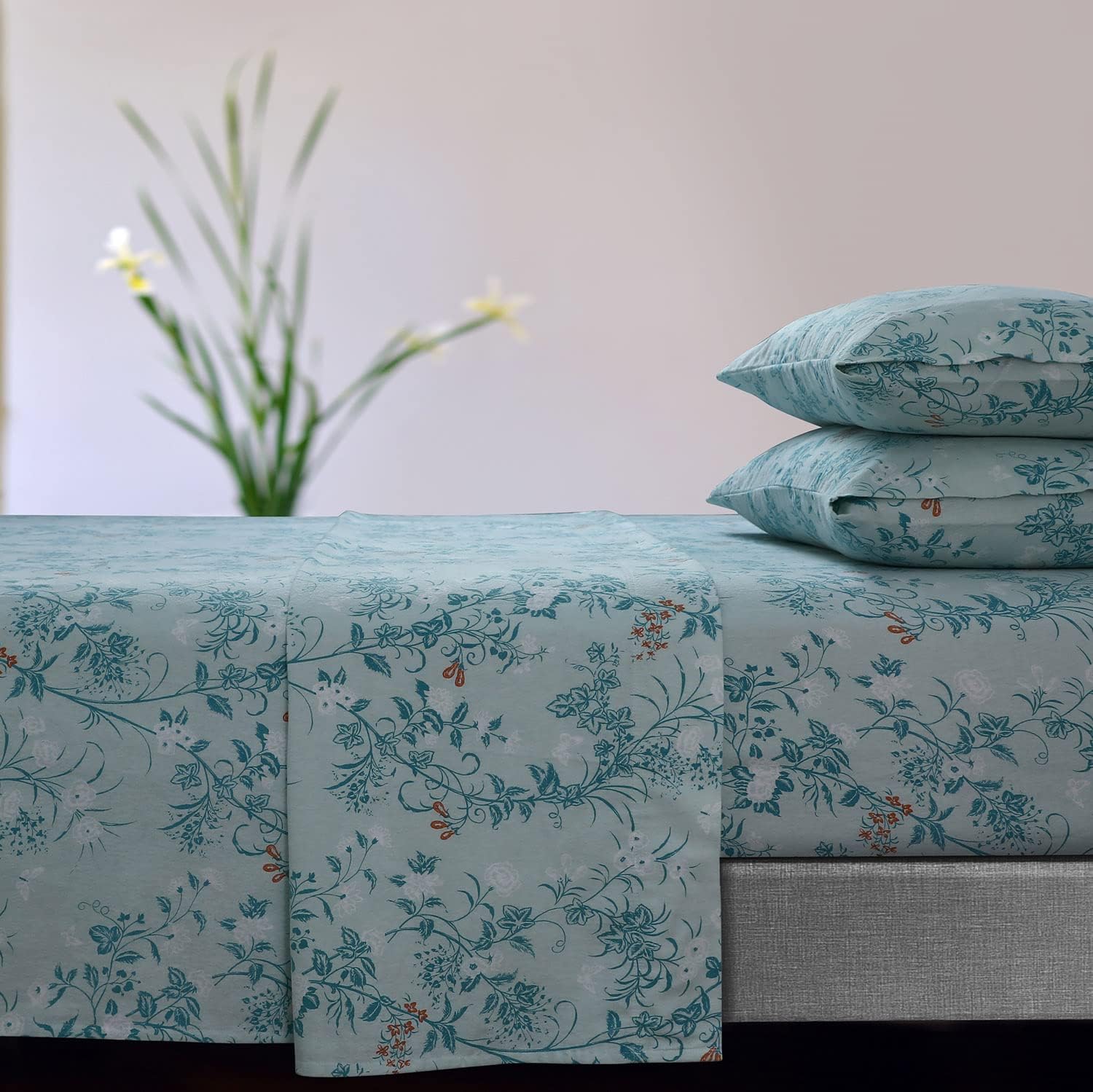 Tribeca Living Katy Floral – Juego de sábanas de franela extra profundo de 170 GSM, tamaño individual XL, color verde (KATYSHETWXBL)
