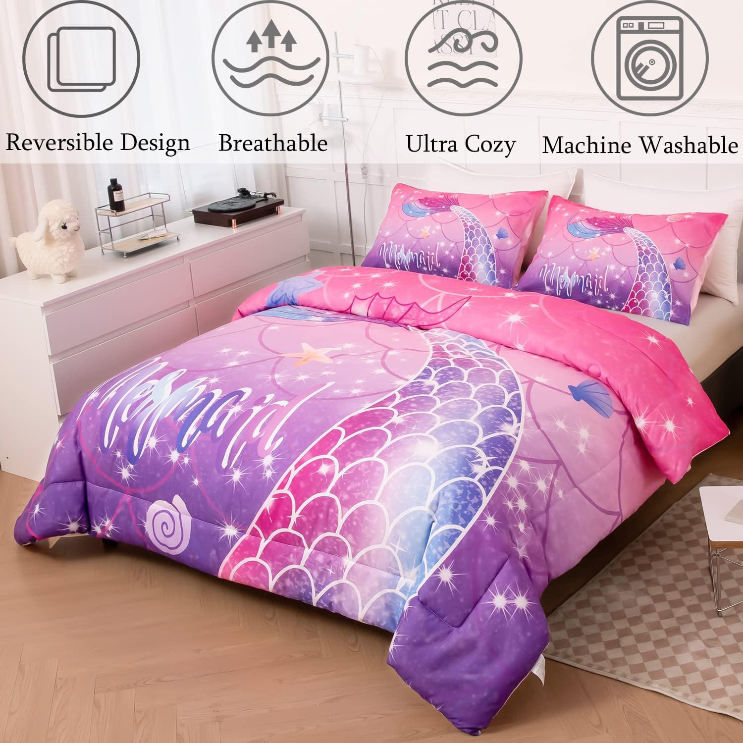Juego de edredón de sirena de 3 piezas, tamaño matrimonial, juego de edredón degradado, rosa, morado, azul, juego de ropa de cama con patrón de