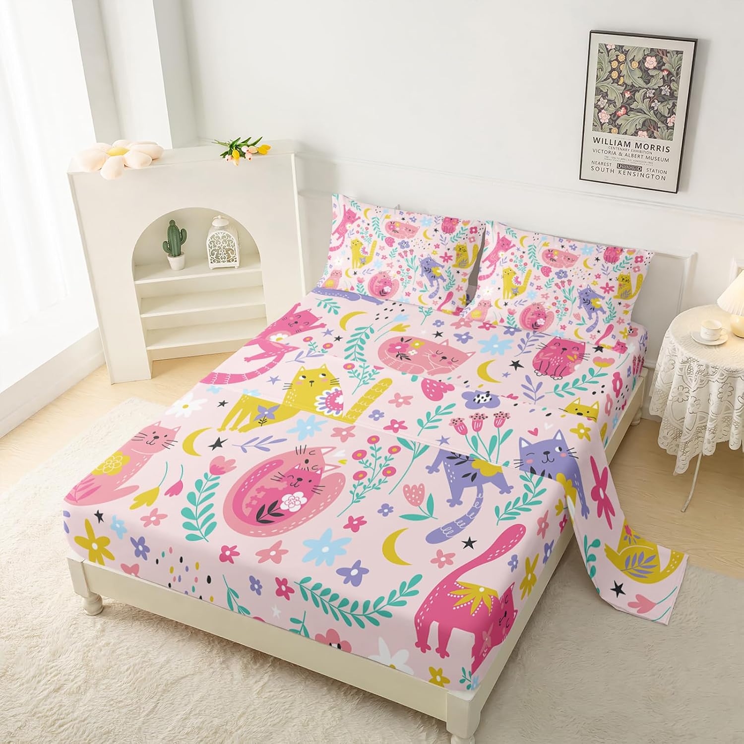 QOOMO Juego de sábanas con diseño floral de gatos kawaii, con bolsillo profundo de 16 pulgadas de profundidad para niños, niñas, niños y