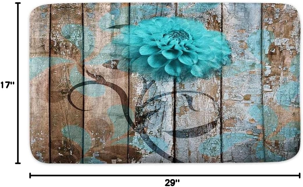 JAWO Alfombra de baño con flores y flores, color verde azulado sobre tablones de madera rústica, juego de tapetes de baño color azul turquesa y azul