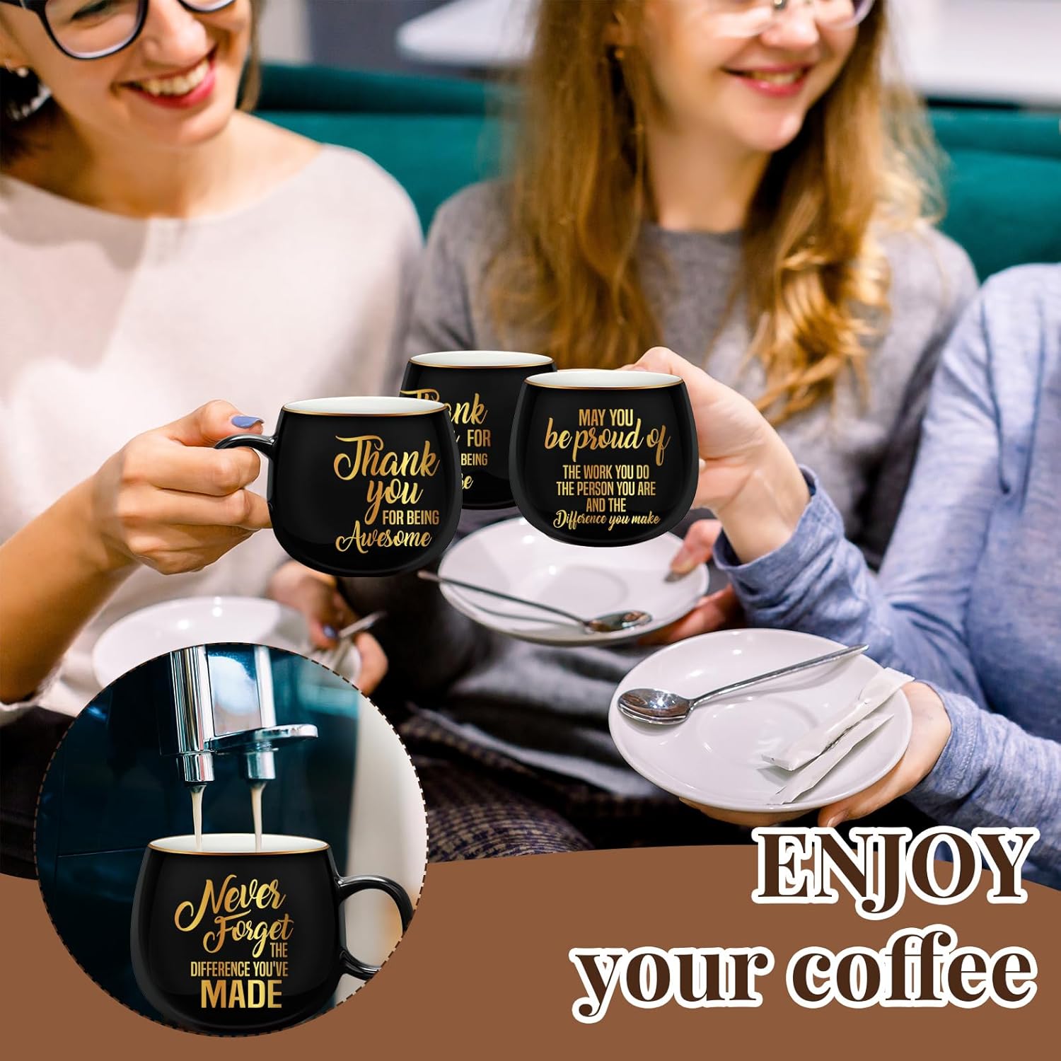 Tioncy 12 juegos de tazas de café de cerámica de 12 onzas con cucharas, regalo de graduación, regalos de agradecimiento a granel, tazas inspiradoras