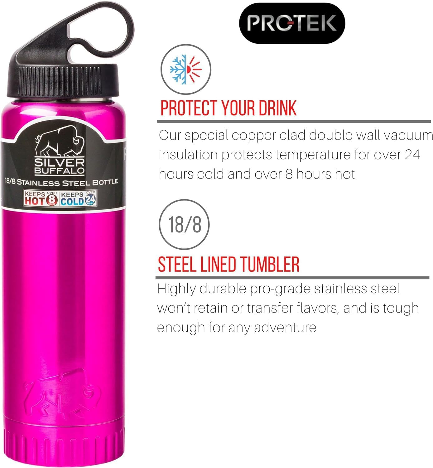 Silver Buffalo Botella de agua de acero inoxidable de doble pared aislada al vacío, 20 onzas, magenta