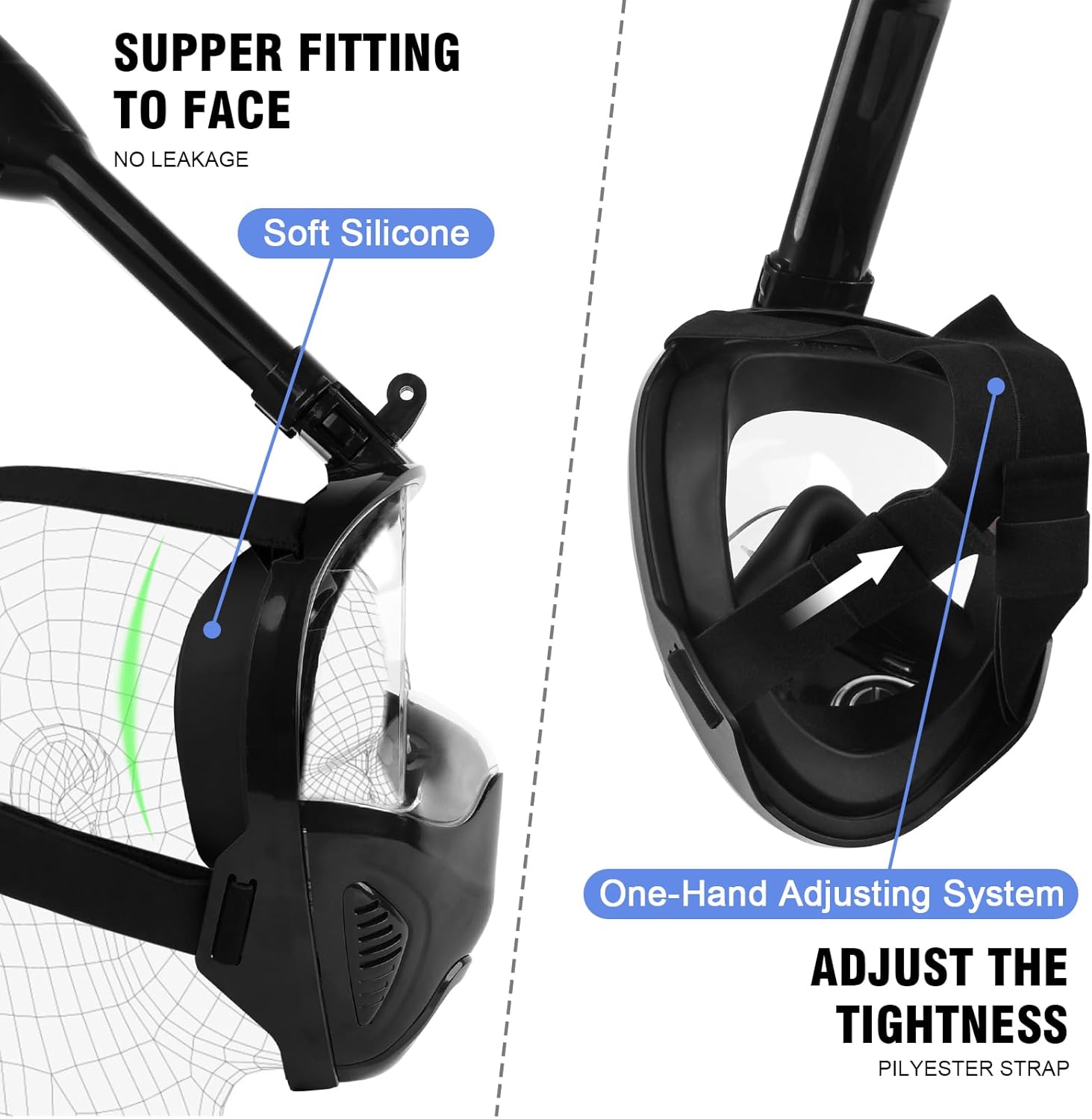 Snorkel Mask Full Face, Snorkeling Gear for Adults with Latest Safety Breathing System and Dry Top System, 180 Panoramic View Snorkeling Mask with