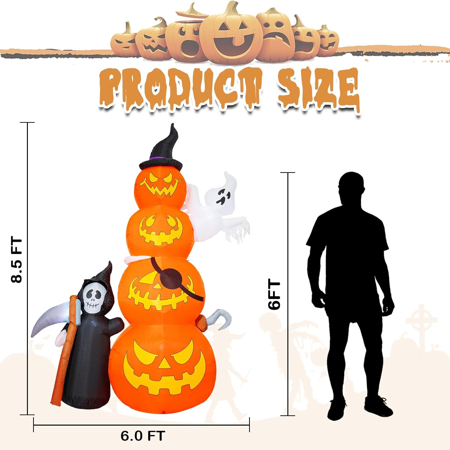 Decoraciones inflables de Halloween de 8.5 pies de alto para exteriores, calabazas inflables gigantes con fantasma y parca inflable de Halloween con
