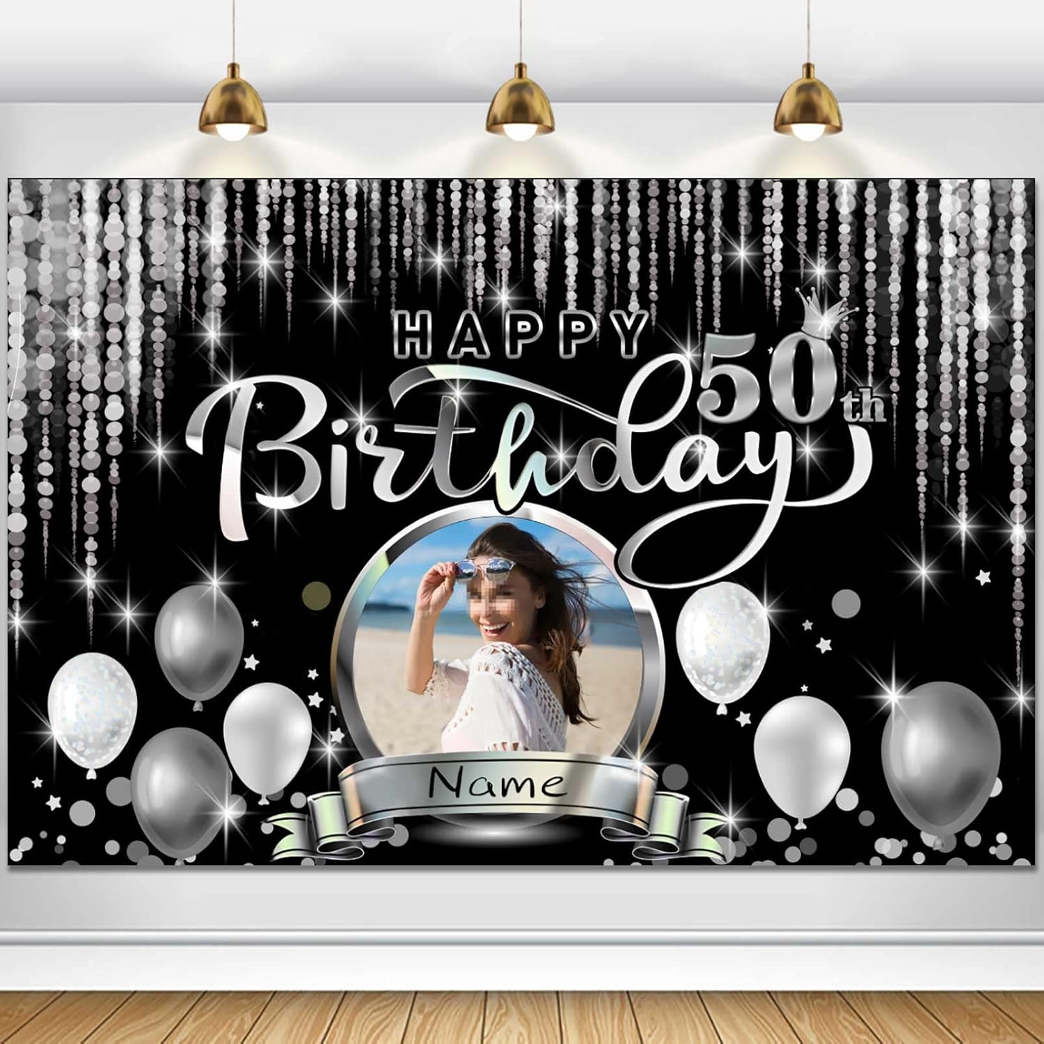 Cartel de decoración de feliz cumpleaños 50 personalizado – Personalización disponible – Negro y plateado – Tamaño grande – Admite fotos y nombres