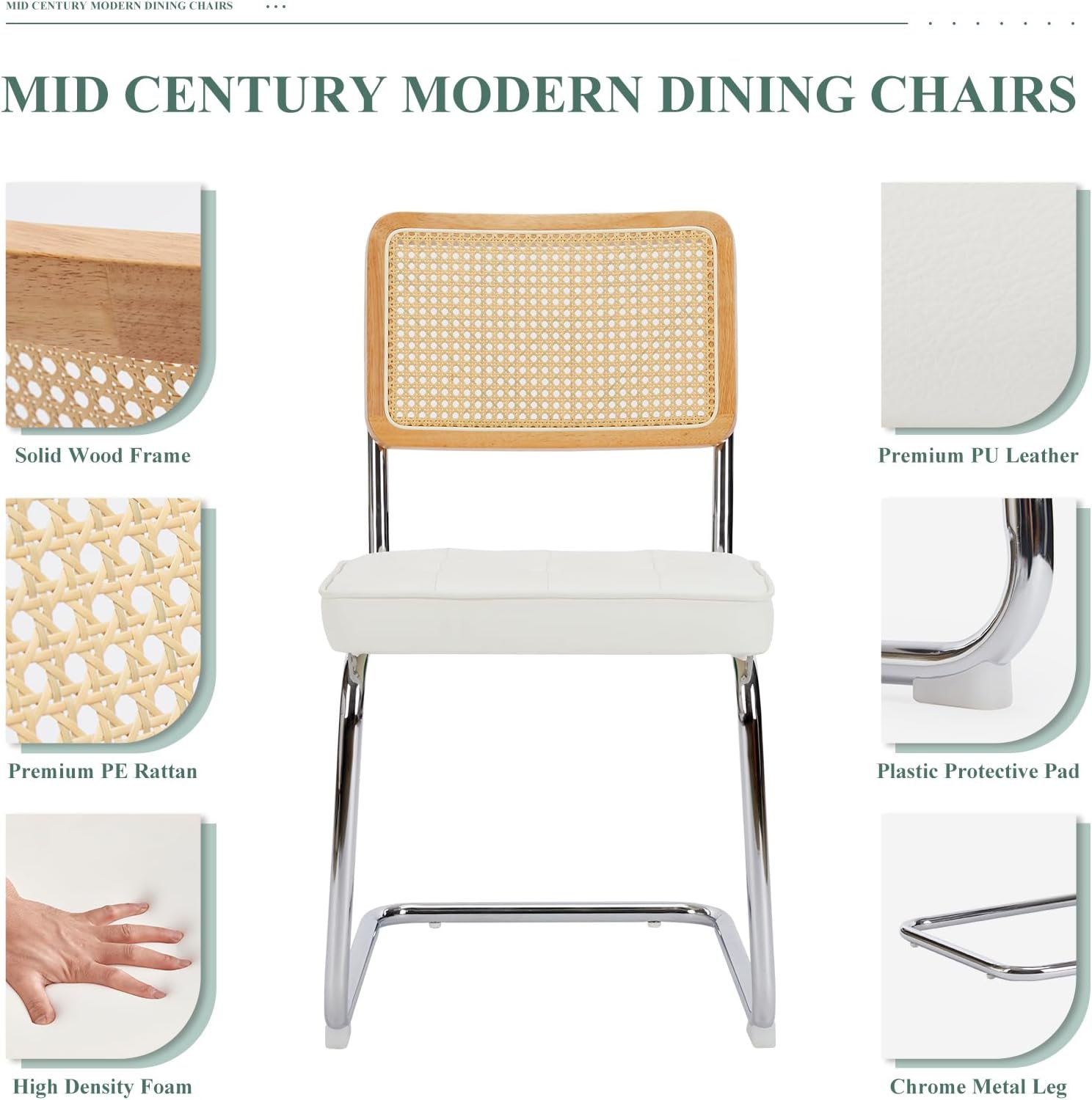 COLAMY Juego de 2 sillas de comedor de ratán, de piel sintética, modernas de mediados de siglo, sillas auxiliares de comedor y cocina con patas