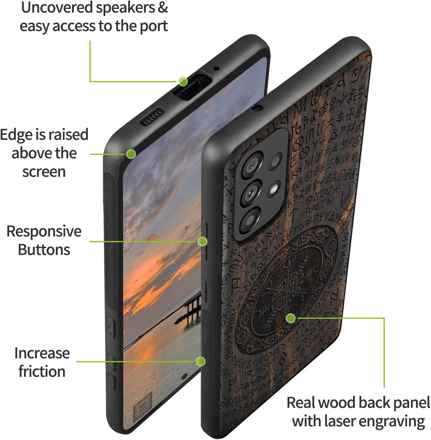 Carveit Funda de madera para Samsung Galaxy A53 5G madera natural y TPU suave negro a prueba de golpes, funda de madera única compatible con Galaxy